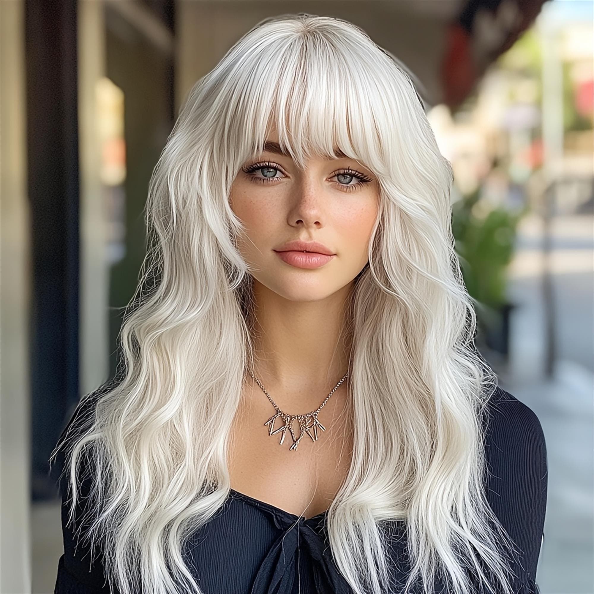 26 Inch Ivory White Blonde Wig With Air Bangs | Light Breathable And Not Stuffy | Naturally Fluffy And Flat | Cosplay/ Party/Daily Wear