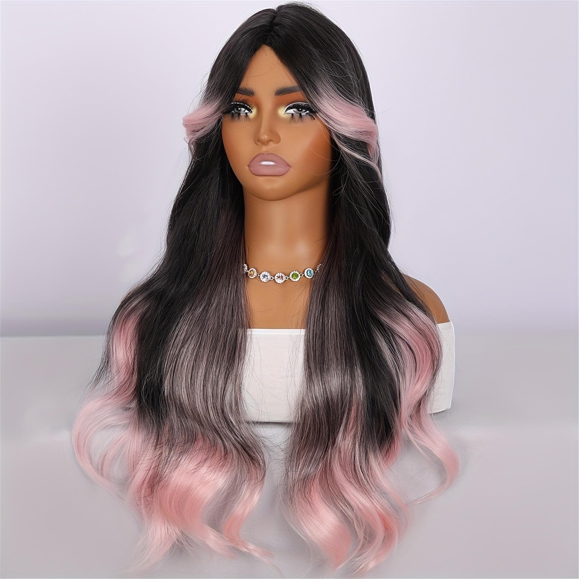 24-inch Pink Gradient Highlight Wig with Curly Ends Middle Part Bangs - High-Temperature Hair Suitable for Daily Wear Parties Events - Thumbnail 3