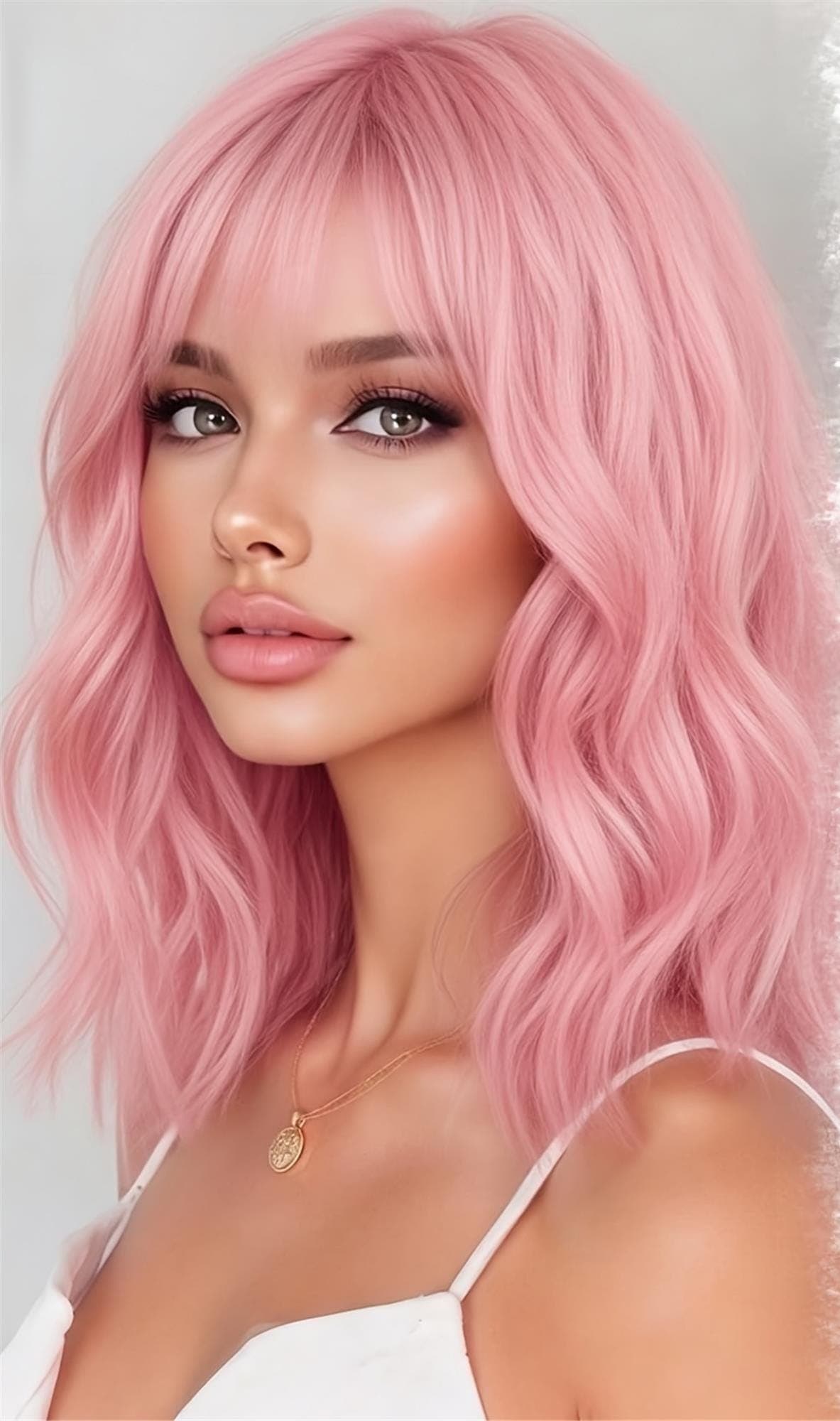 Pink Short Bob Wavy Wig with Bangs Shoulder Length Bob Hair Style for Halloween Cosplay And Daily