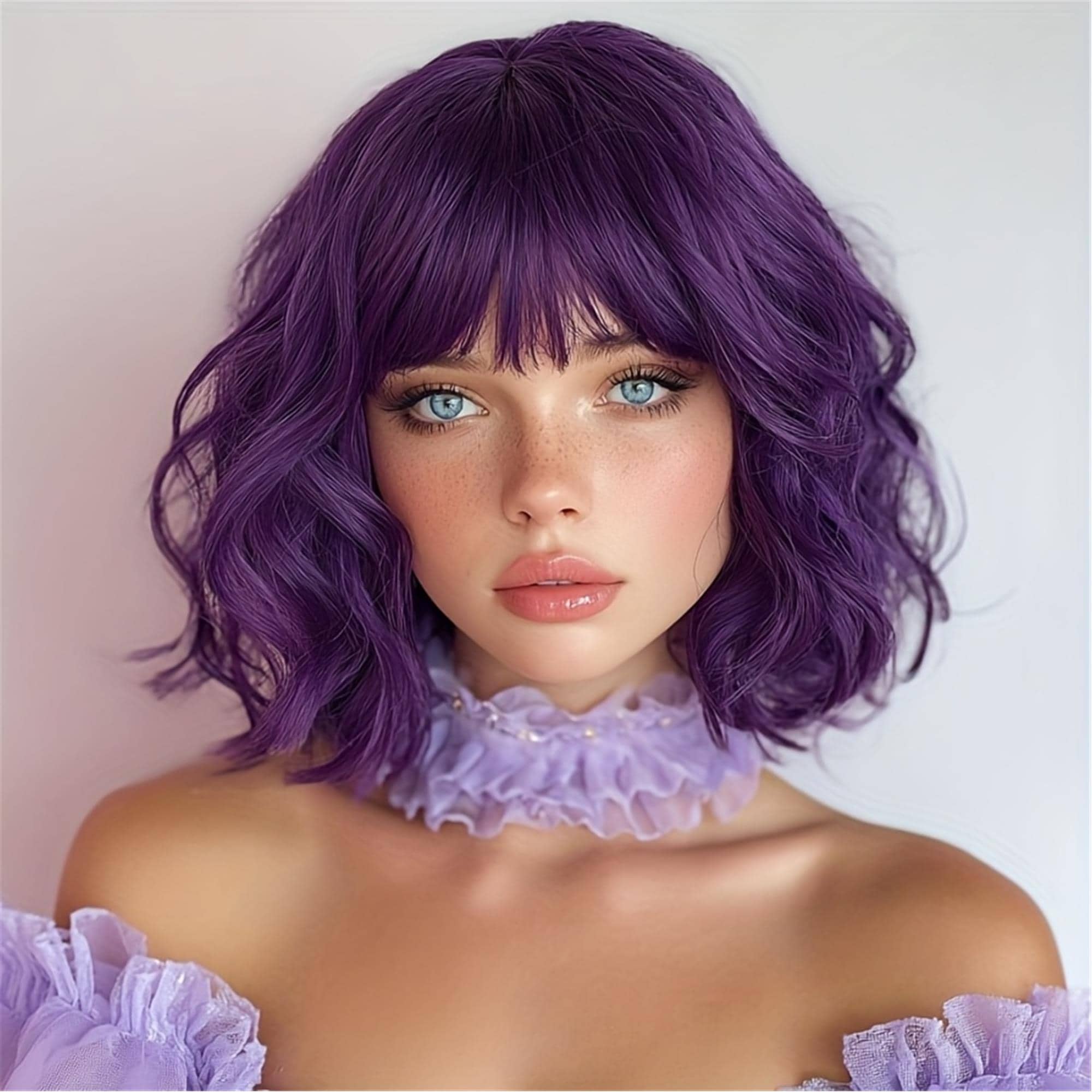 Stylish Purple Wavy Bob Wig with Bangs - Bright Premium Hair for a Daring Stunning Wig!!