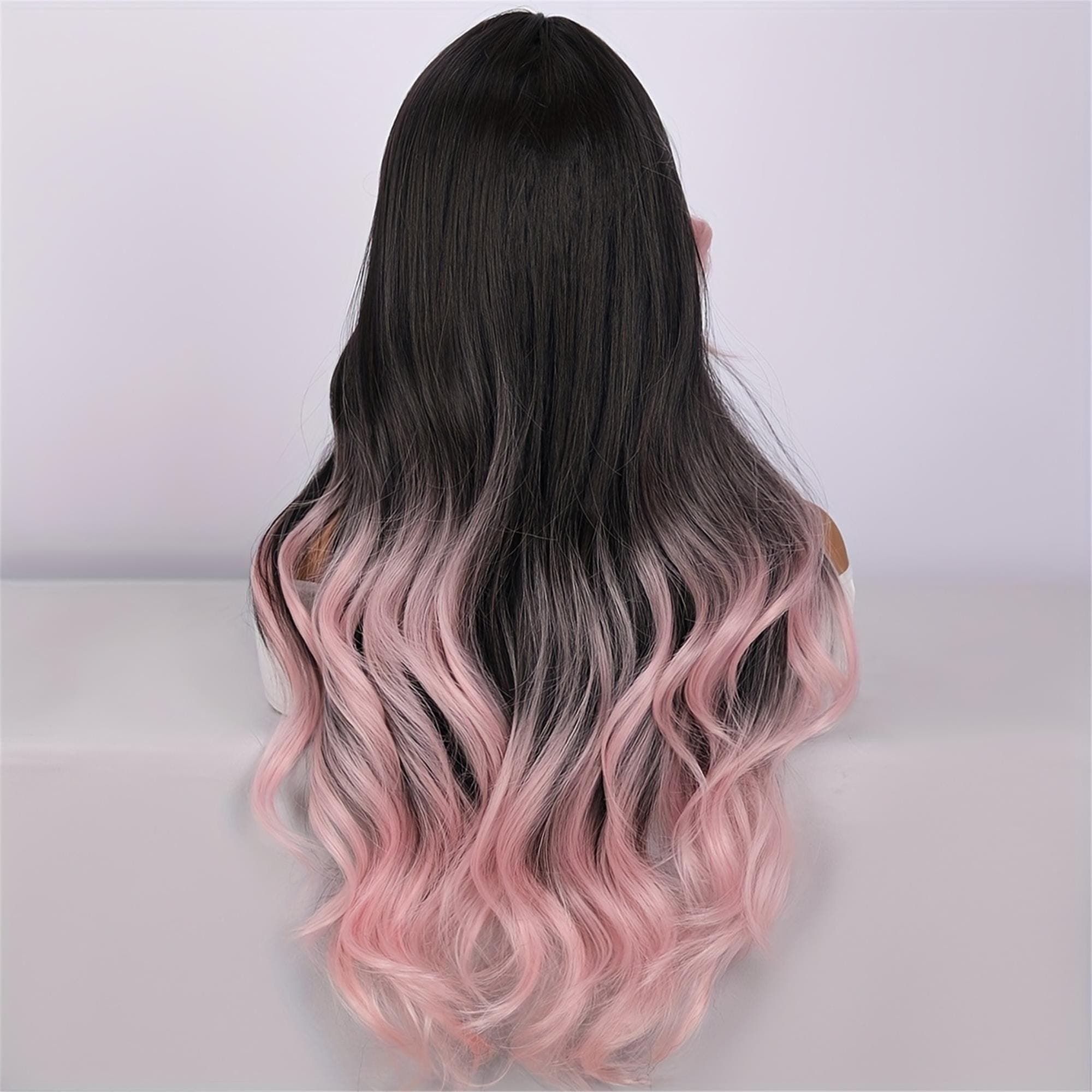 24-inch Pink Gradient Highlight Wig with Curly Ends Middle Part Bangs - High-Temperature Hair Suitable for Daily Wear Parties Events - Thumbnail 5