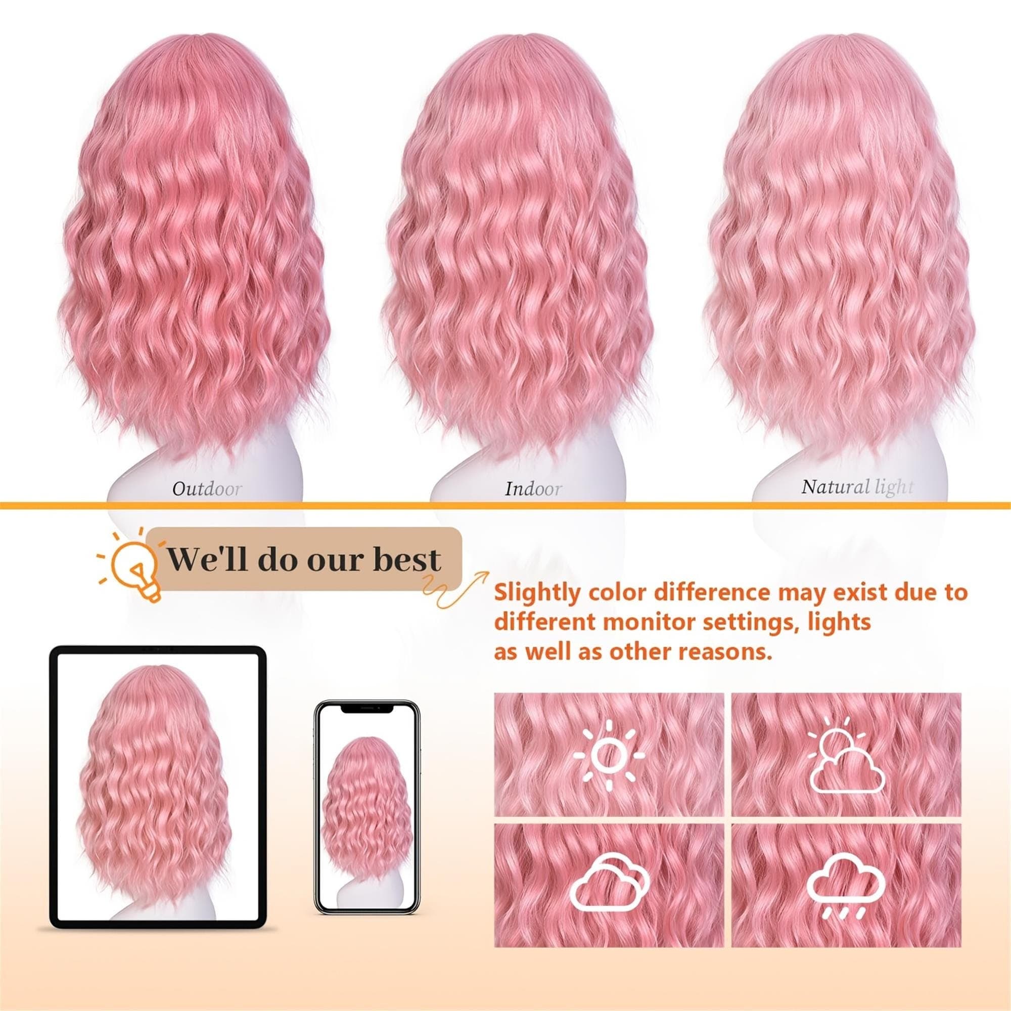 Pink Short Bob Wavy Wig with Bangs Shoulder Length Bob Hair Style for Halloween Cosplay And Daily - Thumbnail 5