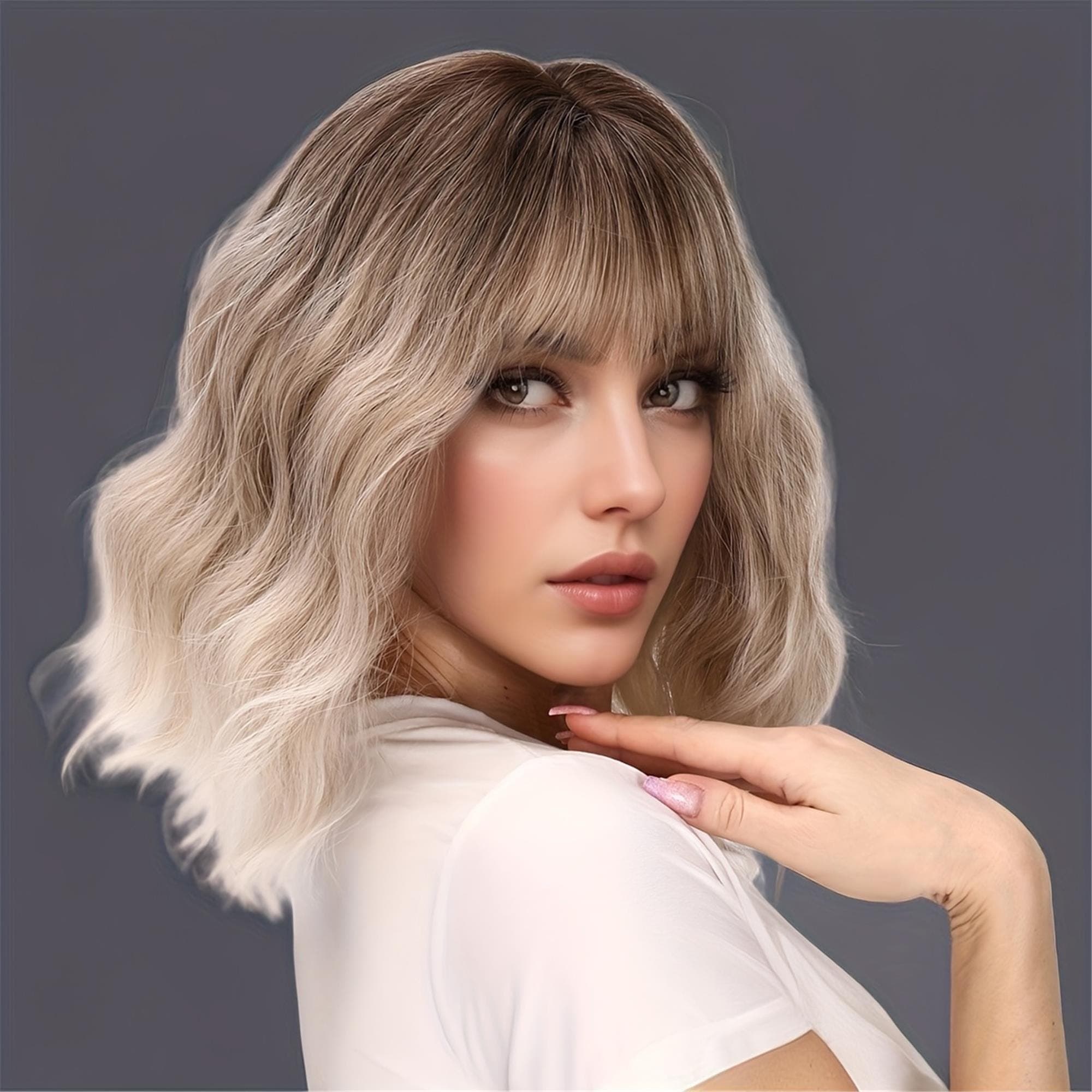 This 14-Inch Wig Features a Brown to Platinum Blonde Ombre Crafted from Heat-Resistant Fibers, Boasts High Density with Matte Wavy Curls!! - Thumbnail 6