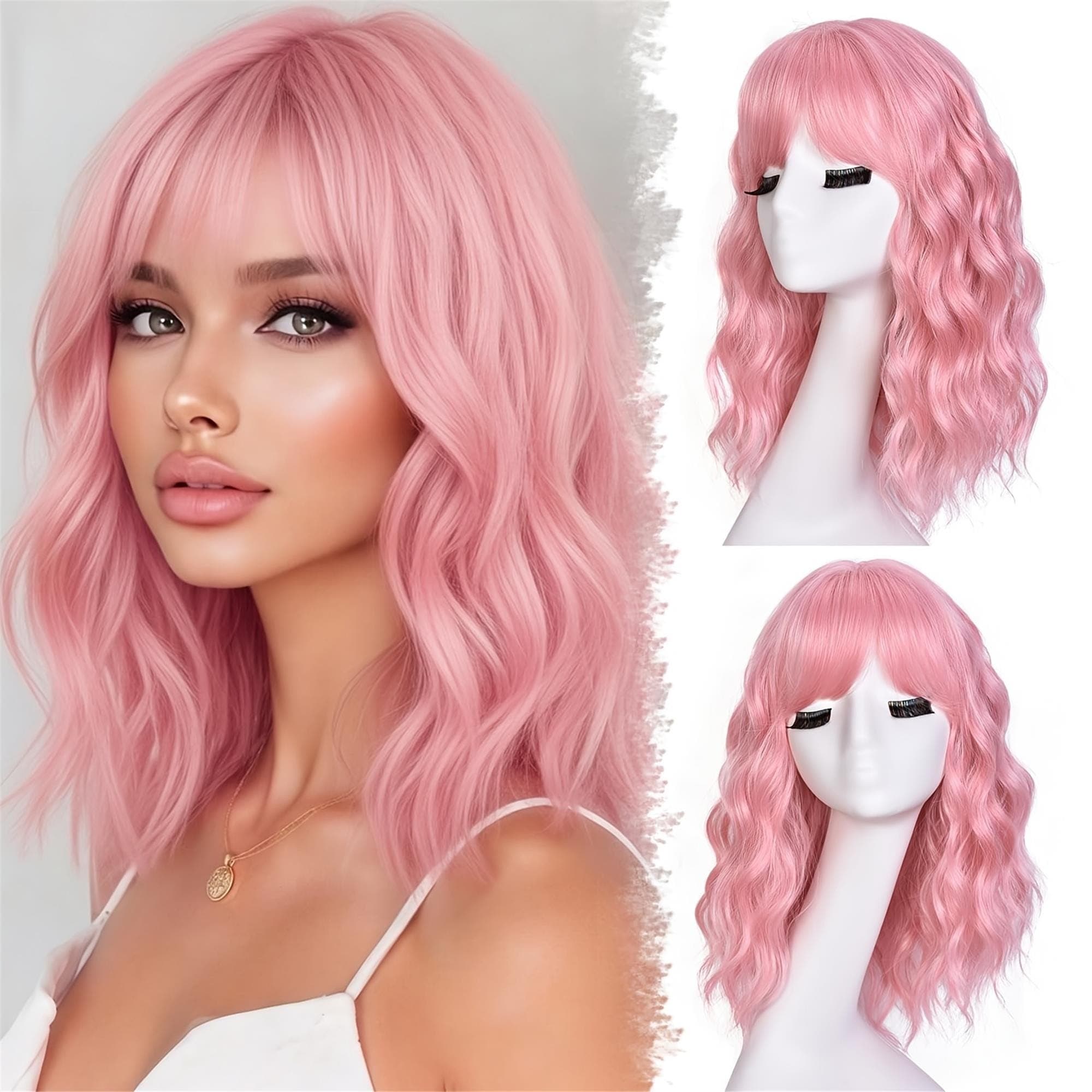 Pink Short Bob Wavy Wig with Bangs Shoulder Length Bob Hair Style for Halloween Cosplay And Daily - Thumbnail 2