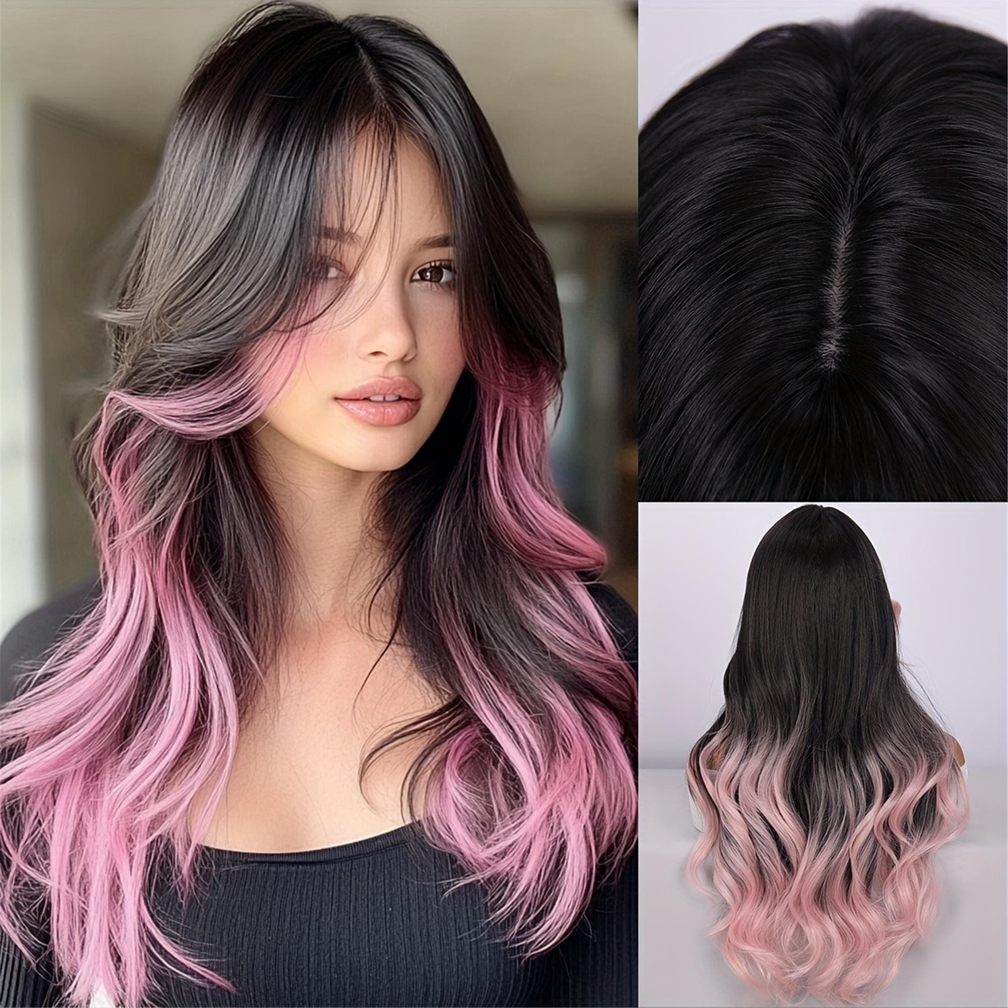 24-inch Pink Gradient Highlight Wig with Curly Ends Middle Part Bangs - High-Temperature Hair Suitable for Daily Wear Parties Events - Thumbnail 2