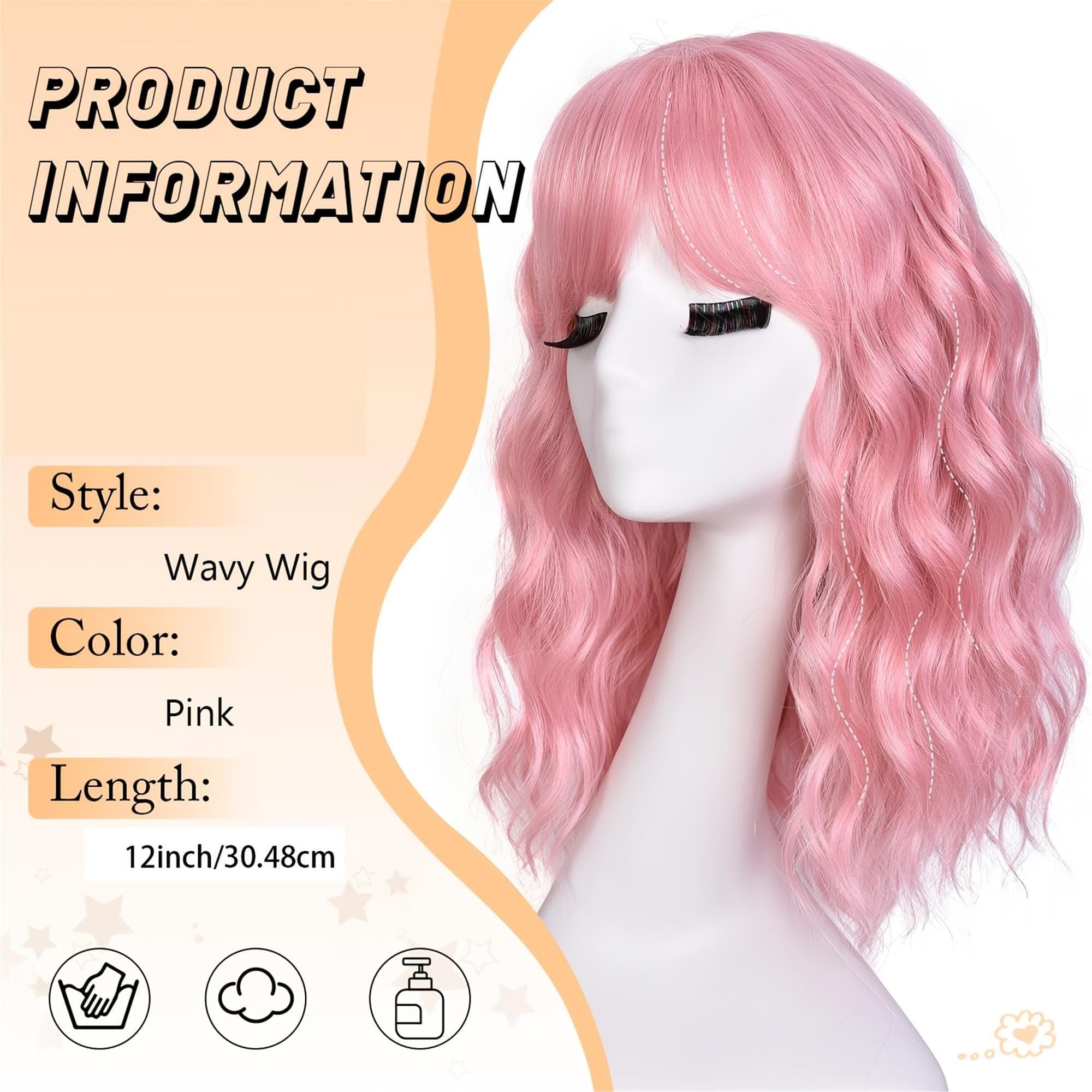 Pink Short Bob Wavy Wig with Bangs Shoulder Length Bob Hair Style for Halloween Cosplay And Daily - Thumbnail 3