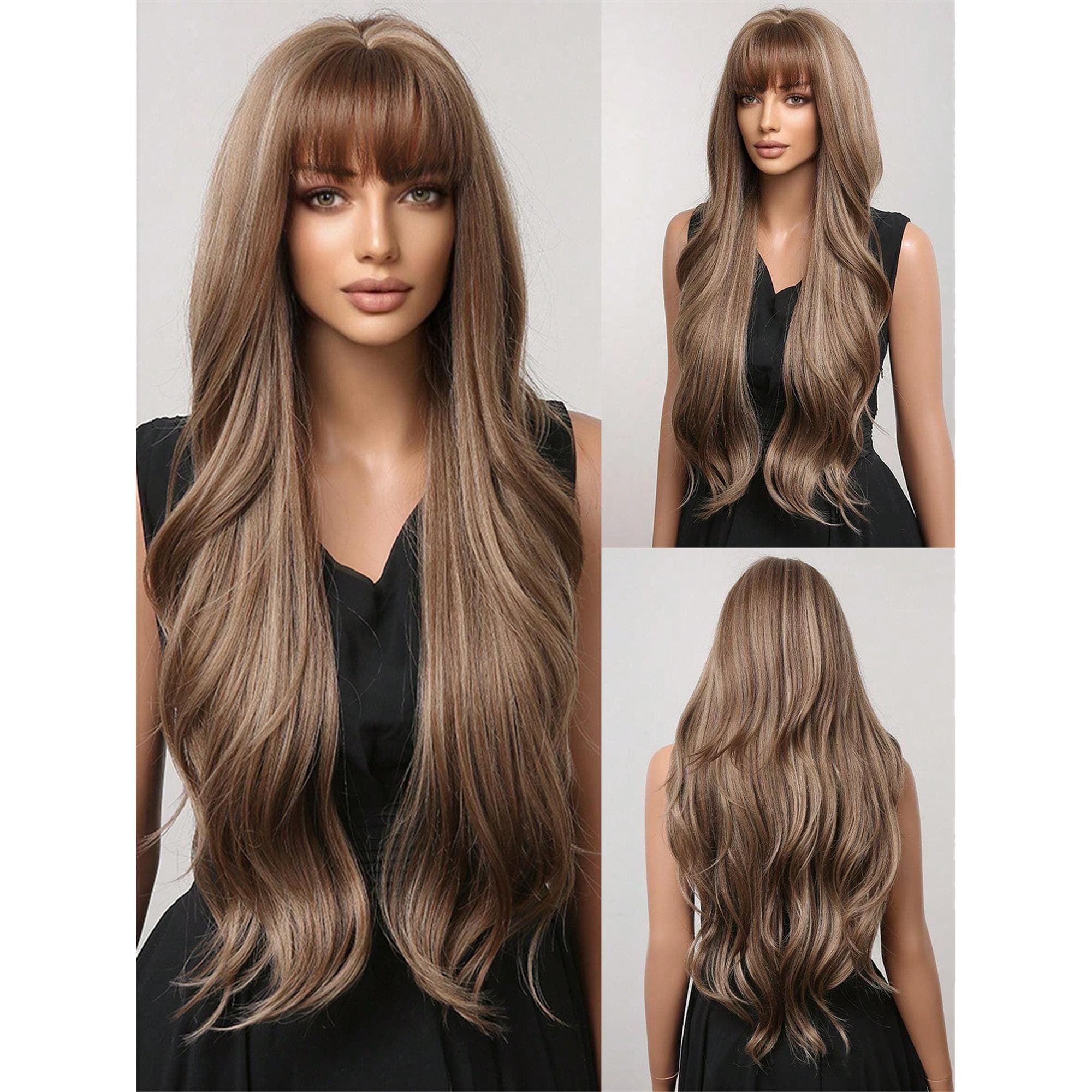 28 "Long Curly Hair Wig With Bangs Ombre Brown Wig For Women Synthetic Wig For Everyday Parties Festival Travel Music Festivals Holiday - Thumbnail 2