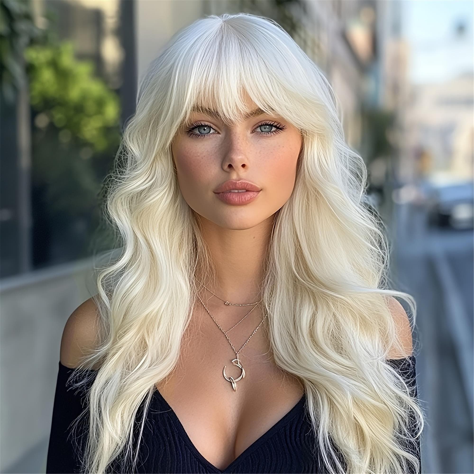 26 Inch Ivory White Blonde Wig With Air Bangs | Light Breathable And Not Stuffy | Naturally Fluffy And Flat | Cosplay/ Party/Daily Wear - Thumbnail 3