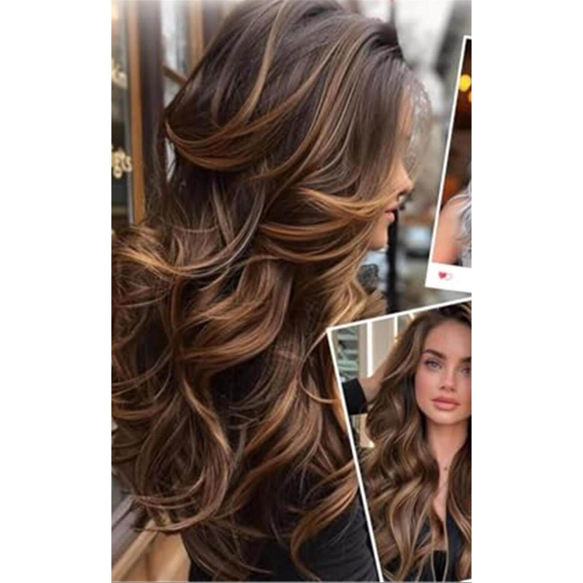 Highlighted Dark Brown Mix Honey Blonde Long Layered Wavy Wig with curtain bangs