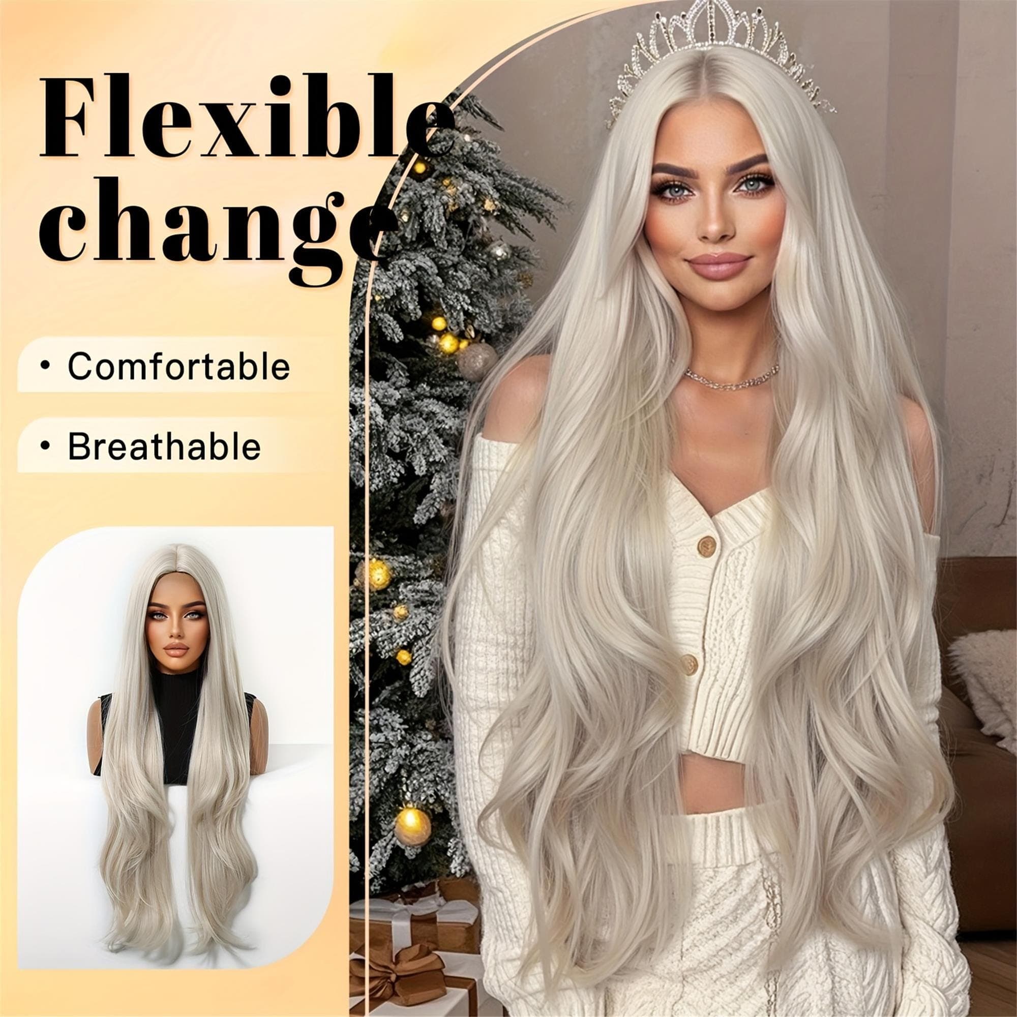 30 Inch Elegant White Gold Long Straight Wig Fashionable for Autumn And Winter with Light Colored Wig Roots And A Solid Color for - Thumbnail 2