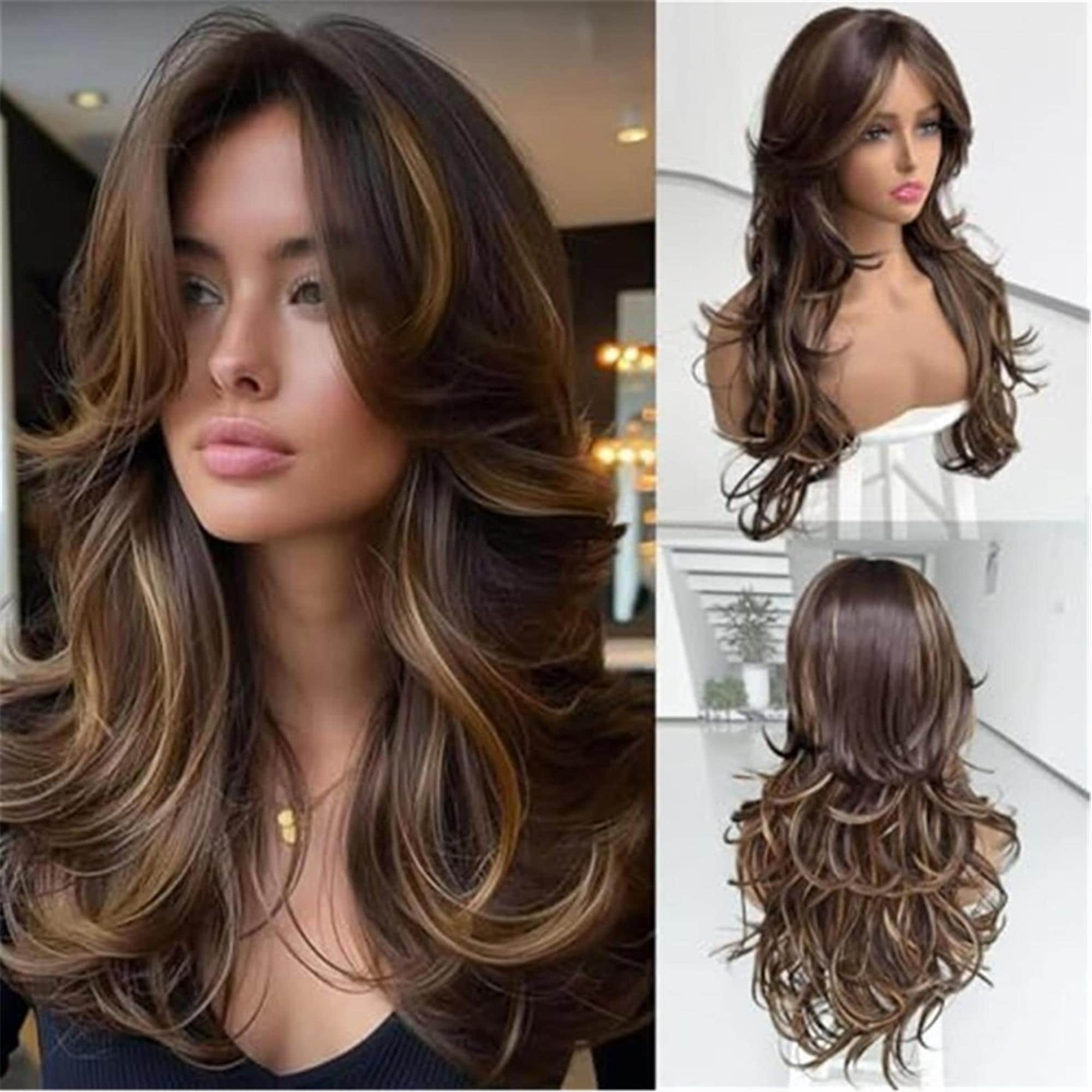 Highlighted Dark Brown Mix Honey Blonde Long Layered Wavy Wig with curtain bangs - Thumbnail 3