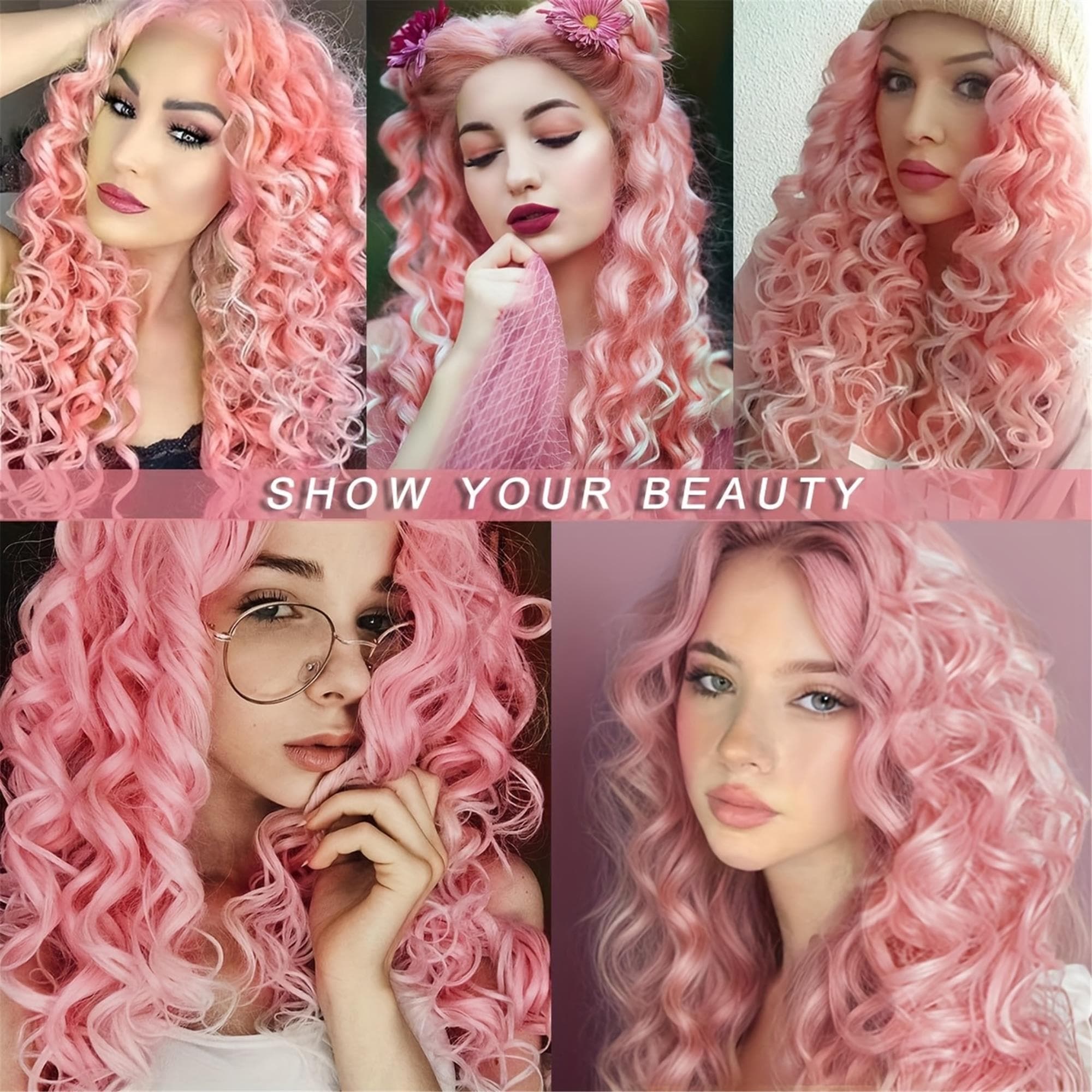 Ombre Pink Long Curly Wave Wig | Women'S Fashionable Elegant Style High Temperature Fiber Rose Net Cap For Daily Wear Party - Thumbnail 6