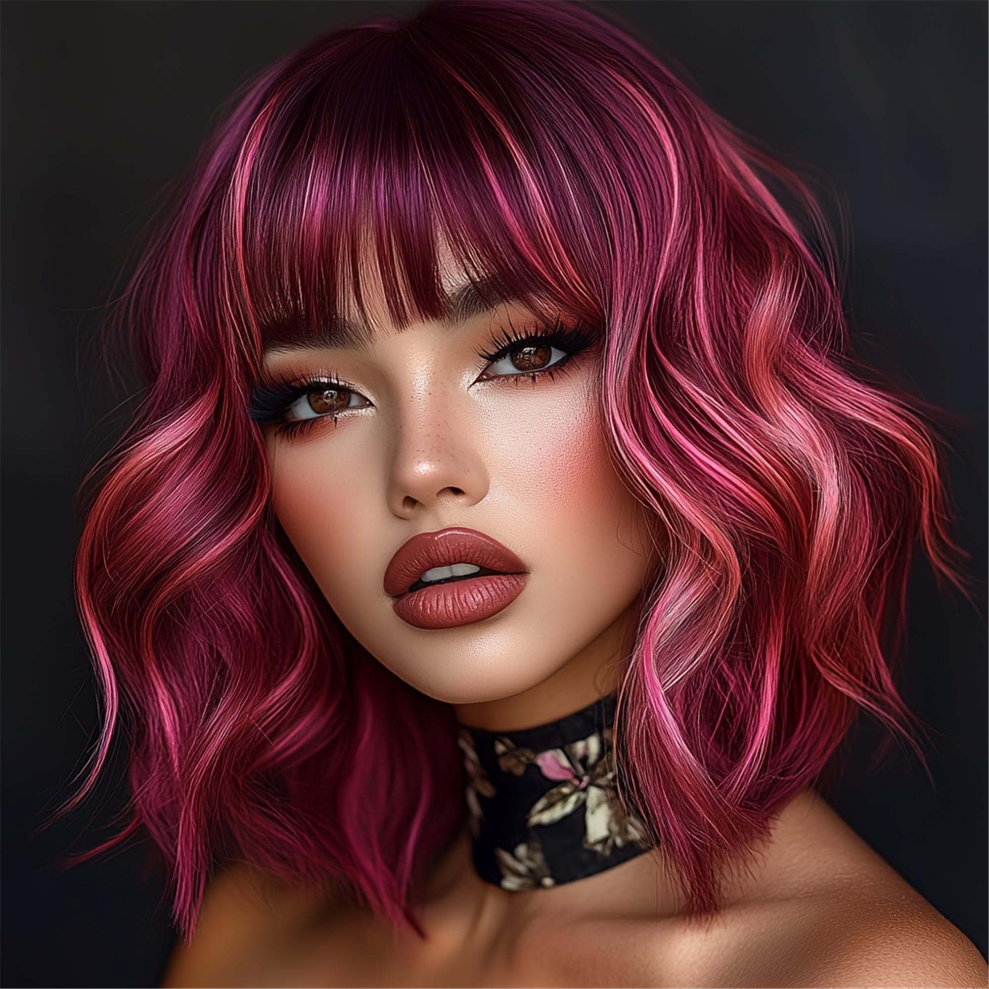 Rose Red Highlights Pink Short Curly Wig Suitable for Daily Wear!! - Thumbnail 2