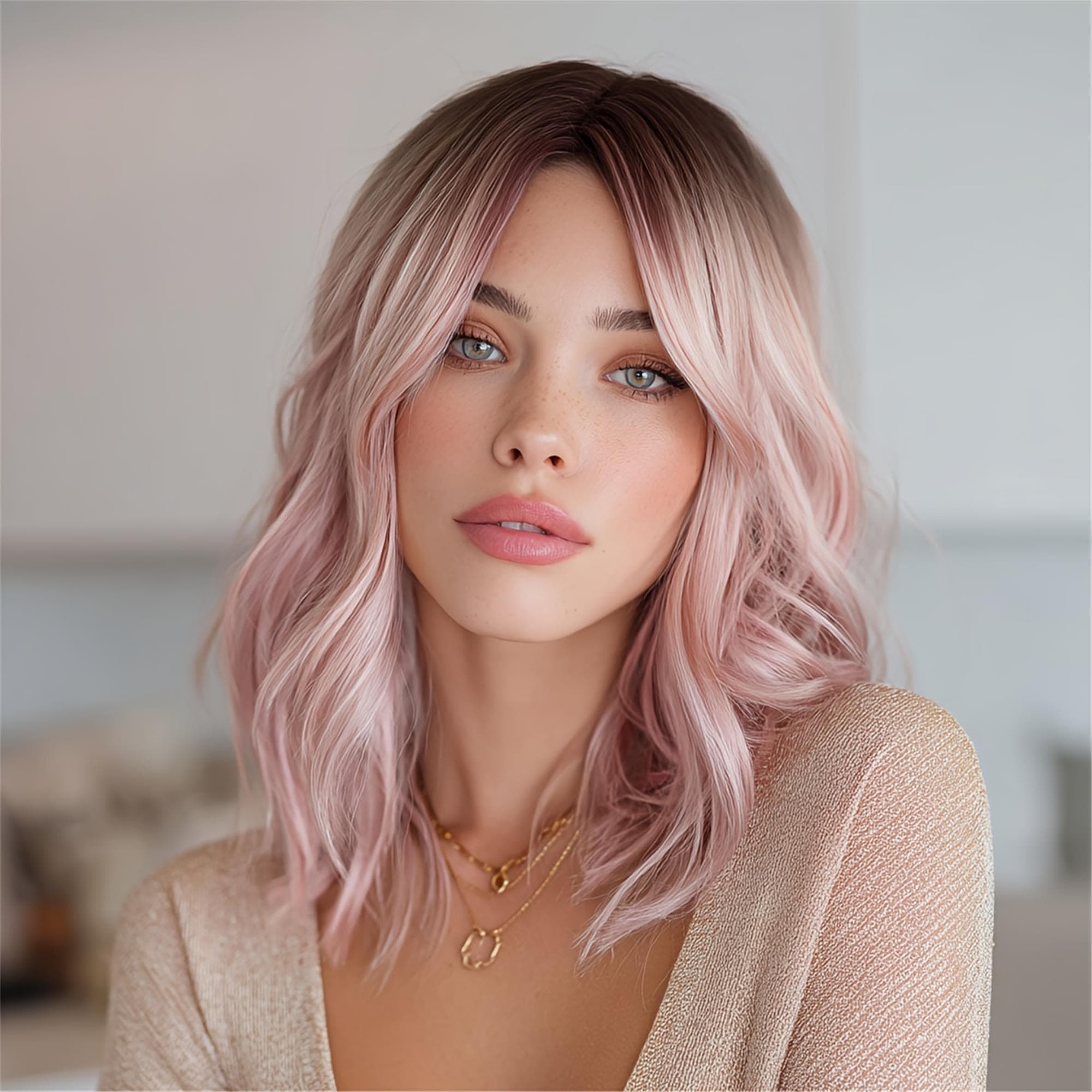 4*1 Lace Front Wig - Elegant Pink Lace Women's Wig - Loose Wavy Hair Glue-free Heat-resistant Synthetic Lace Front Wig Suitable for Daily