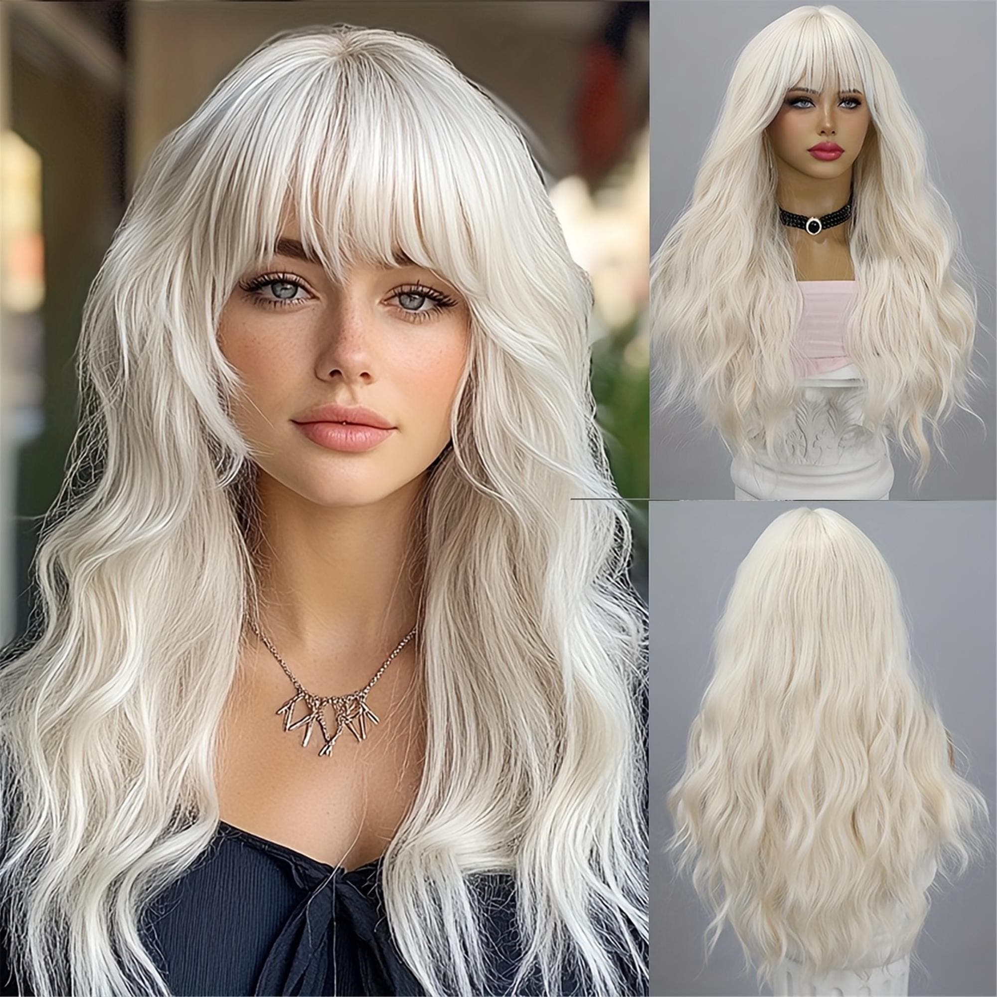 26 Inch Ivory White Blonde Wig With Air Bangs | Light Breathable And Not Stuffy | Naturally Fluffy And Flat | Cosplay/ Party/Daily Wear - Thumbnail 7