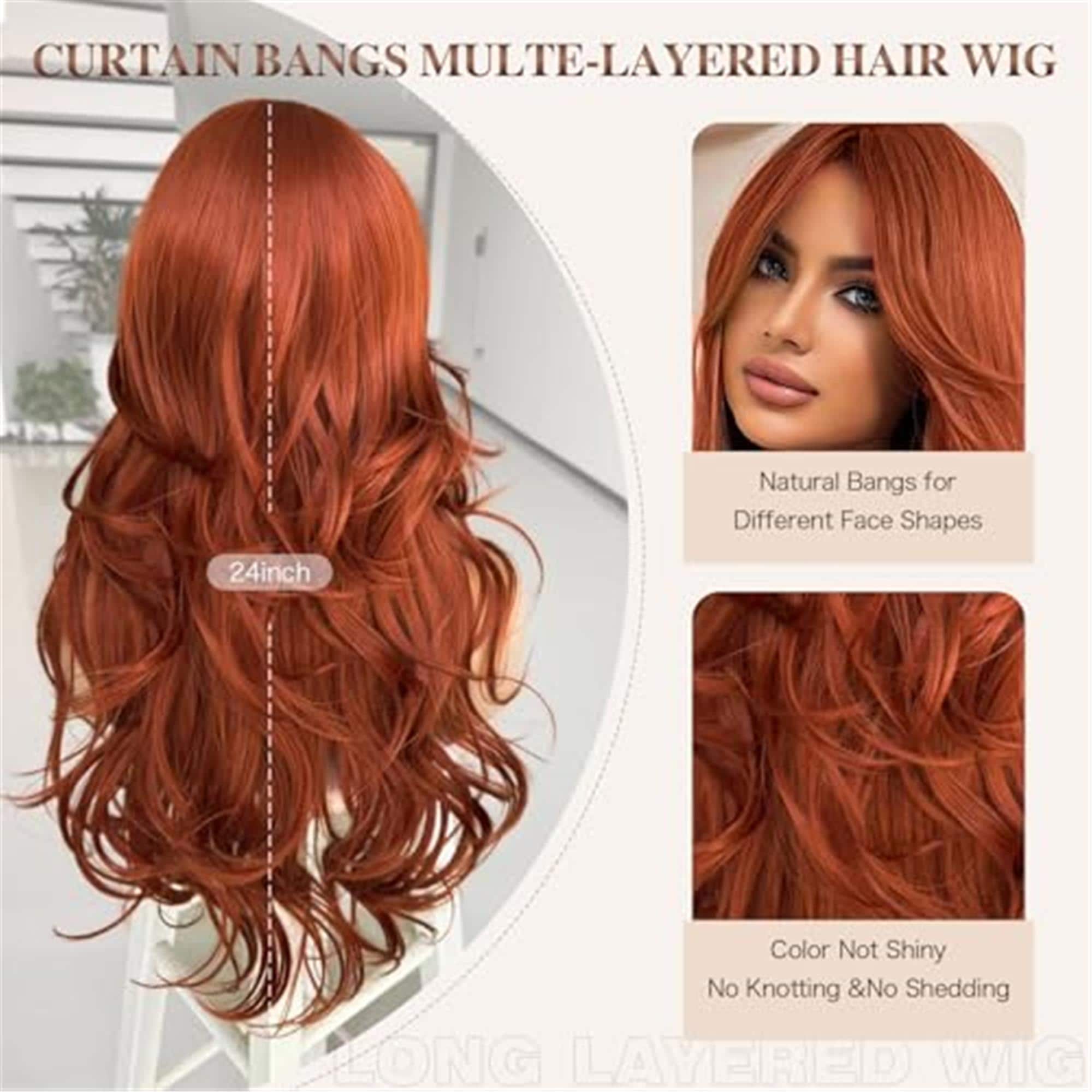 Auburn Wig with Bangs for Women Copper Red Wavy Layered Wig with Curtain Bangs - Thumbnail 3