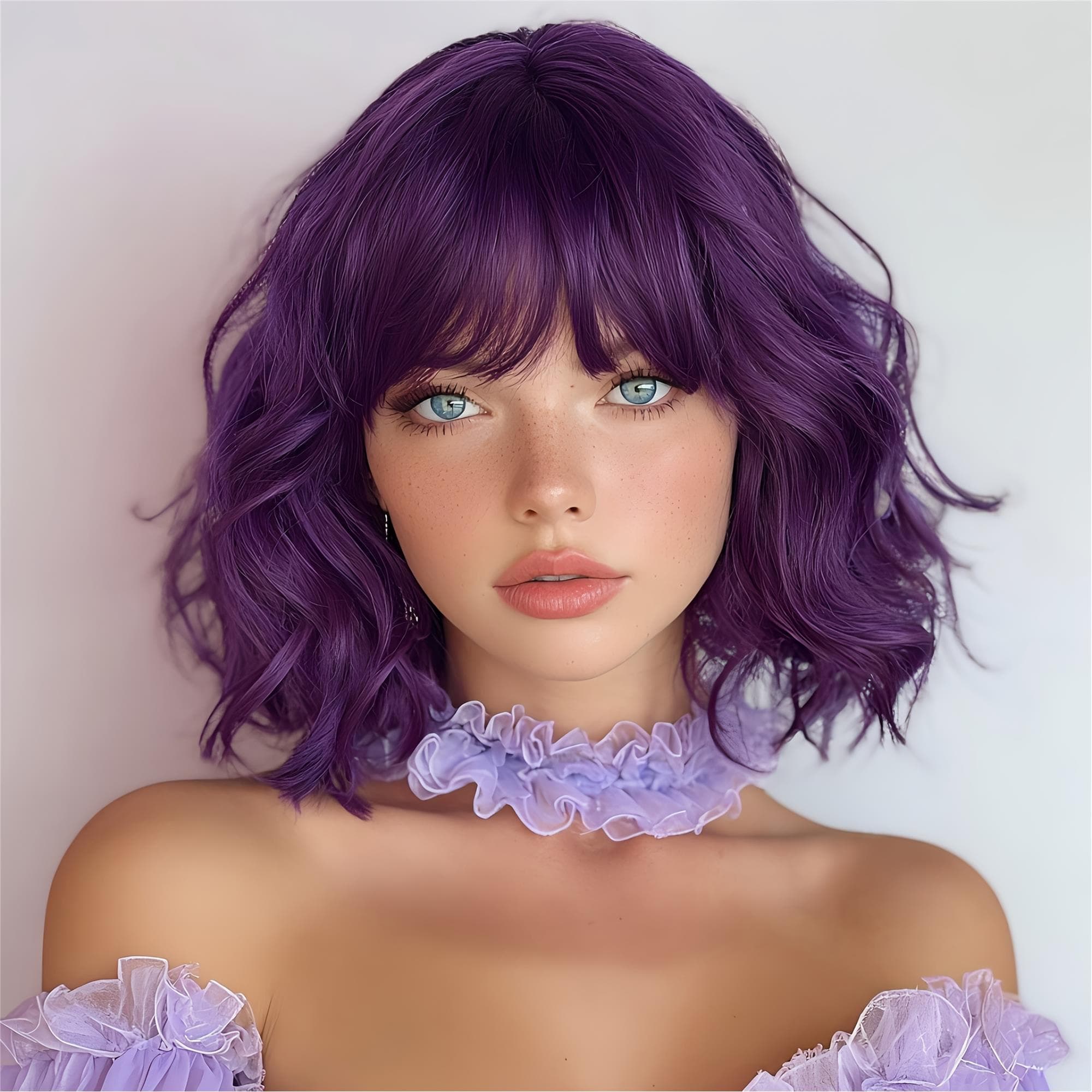 Stylish Purple Wavy Bob Wig with Bangs - Bright Premium Hair for a Daring Stunning Wig!! - Thumbnail 3