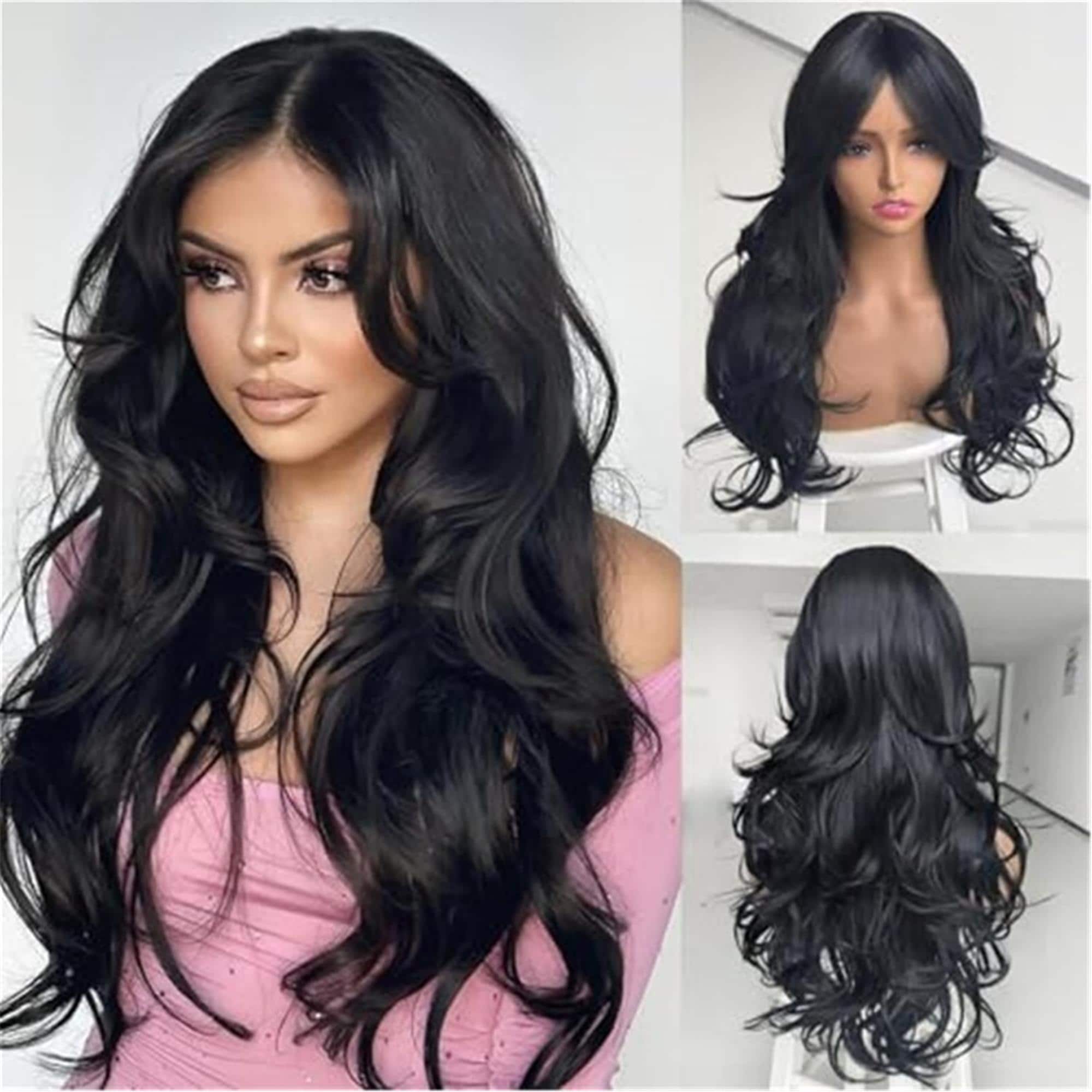 Black Wavy Long Layered Wig with Curtain Bangs - Thumbnail 2