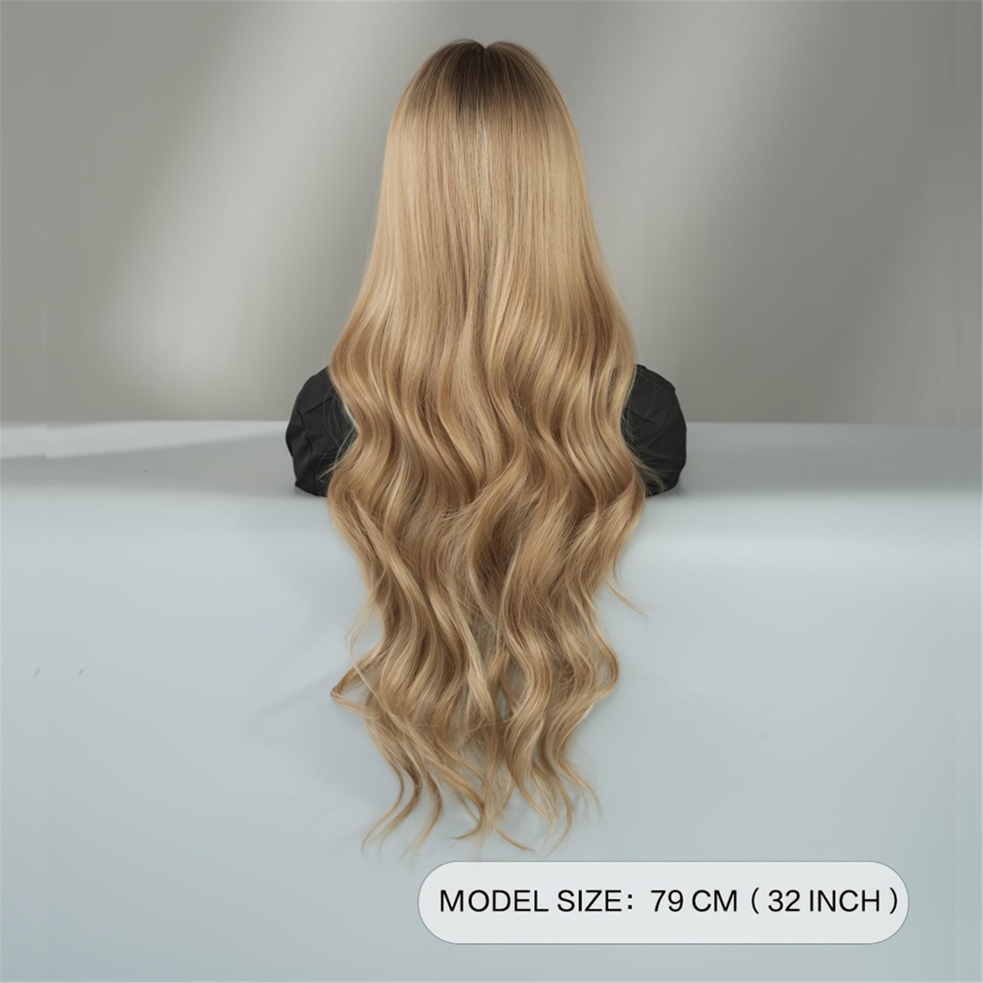 Long Loose Wave Ombre Golden Brown Wig with Dark Roots Middle Part High Density Highlight Beige Wig forDaily Use - Thumbnail 5