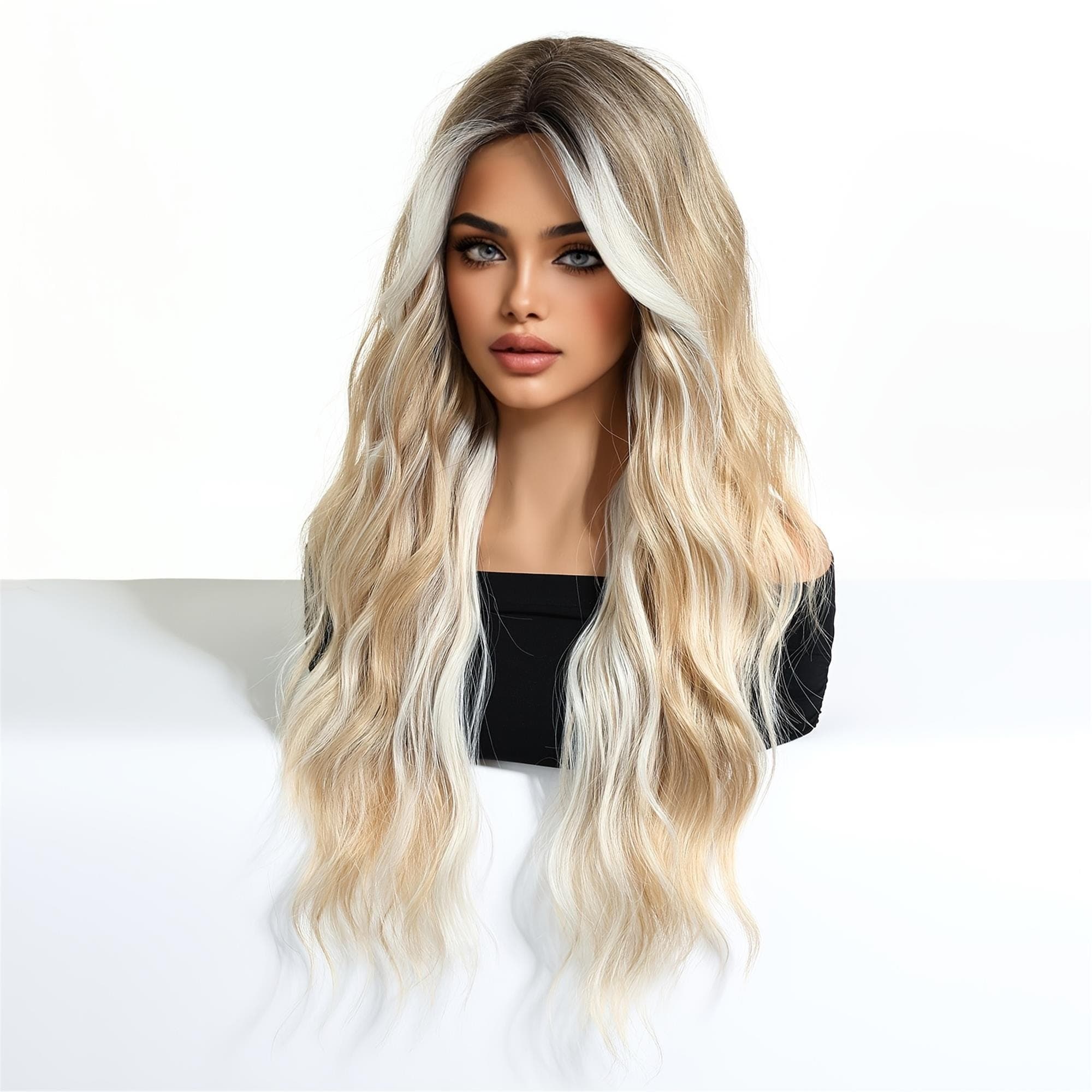26-Inch Deep Brown Gradient Beige Golden Big Wave Wig Styled for a Versatile Look Suitable for Cosplay Blending Naturally for Various - Thumbnail 5