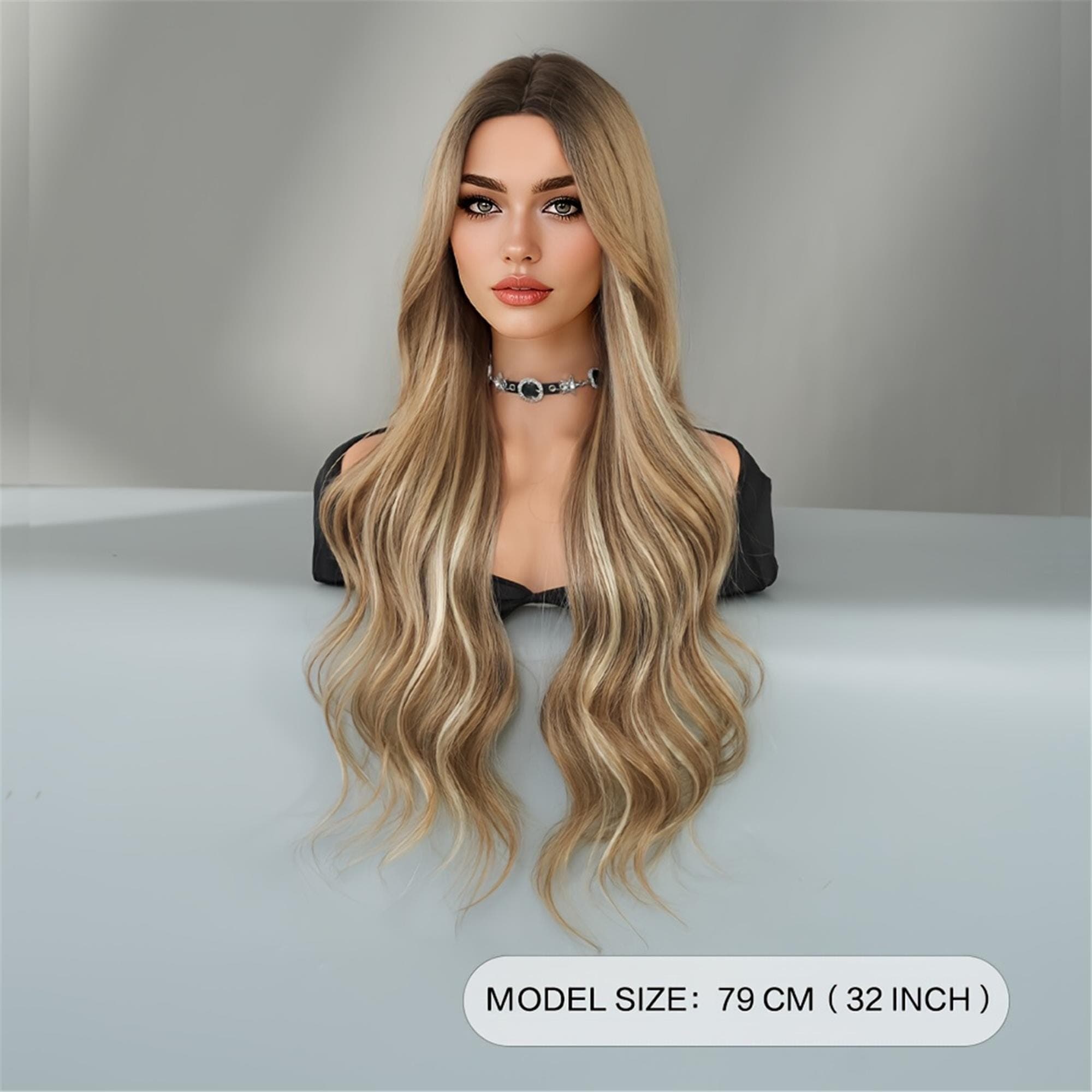 Long Loose Wave Ombre Golden Brown Wig with Dark Roots Middle Part High Density Highlight Beige Wig forDaily Use - Thumbnail 4