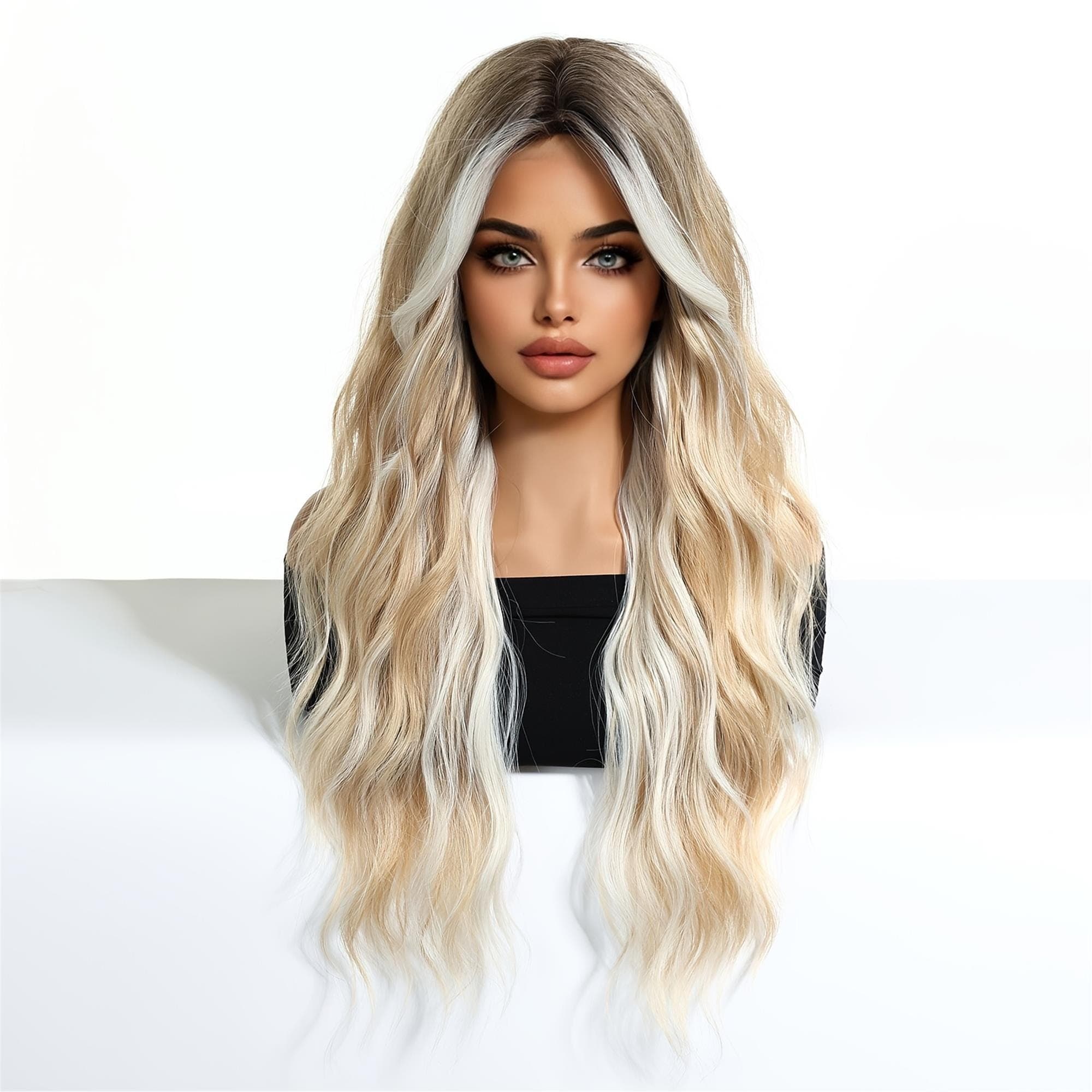 26-Inch Deep Brown Gradient Beige Golden Big Wave Wig Styled for a Versatile Look Suitable for Cosplay Blending Naturally for Various - Thumbnail 2
