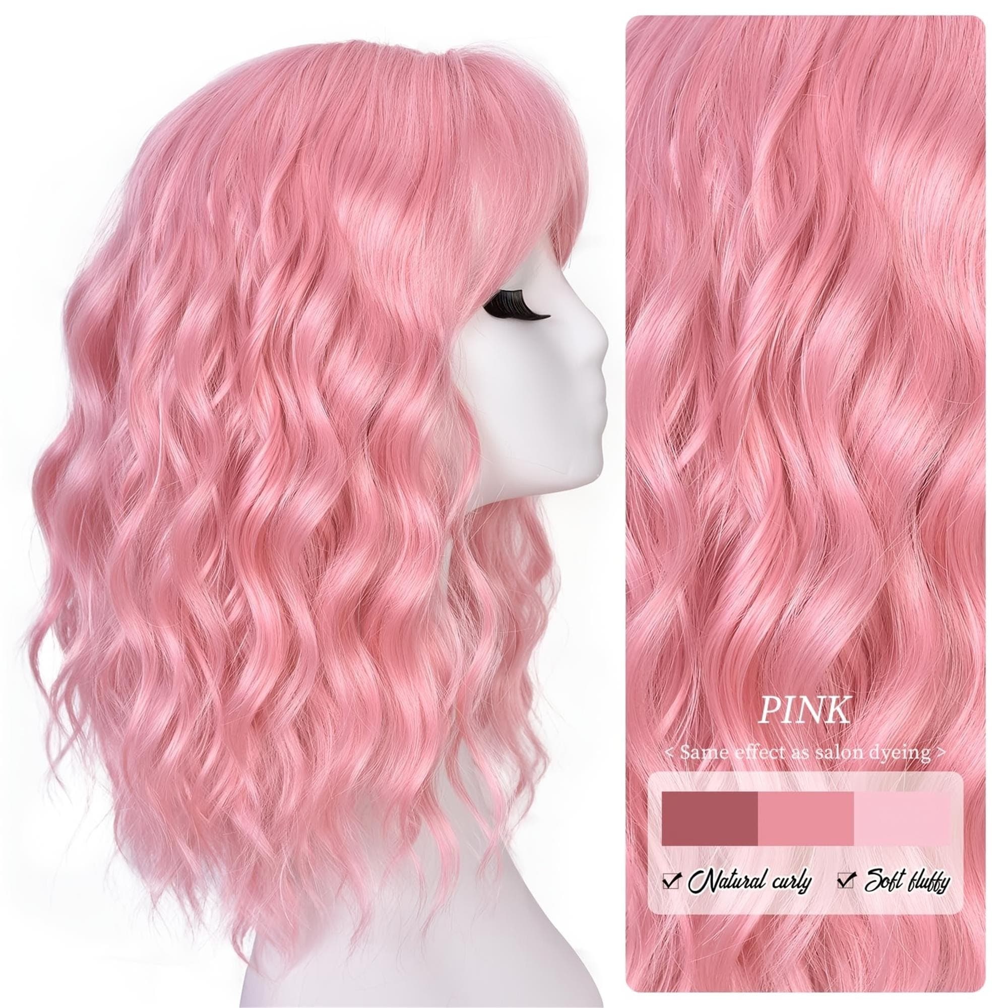 Pink Short Bob Wavy Wig with Bangs Shoulder Length Bob Hair Style for Halloween Cosplay And Daily - Thumbnail 4