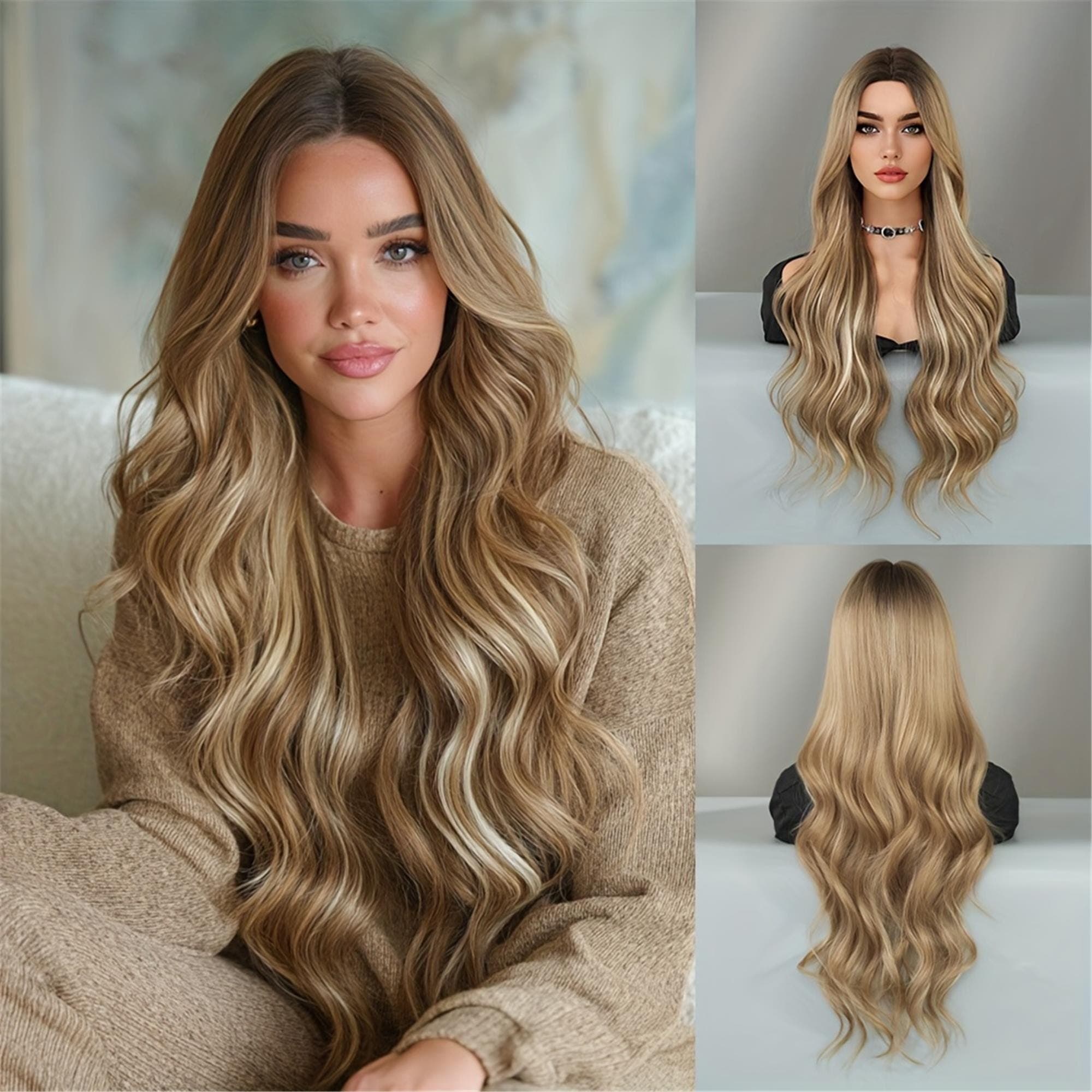 Long Loose Wave Ombre Golden Brown Wig with Dark Roots Middle Part High Density Highlight Beige Wig forDaily Use - Thumbnail 2