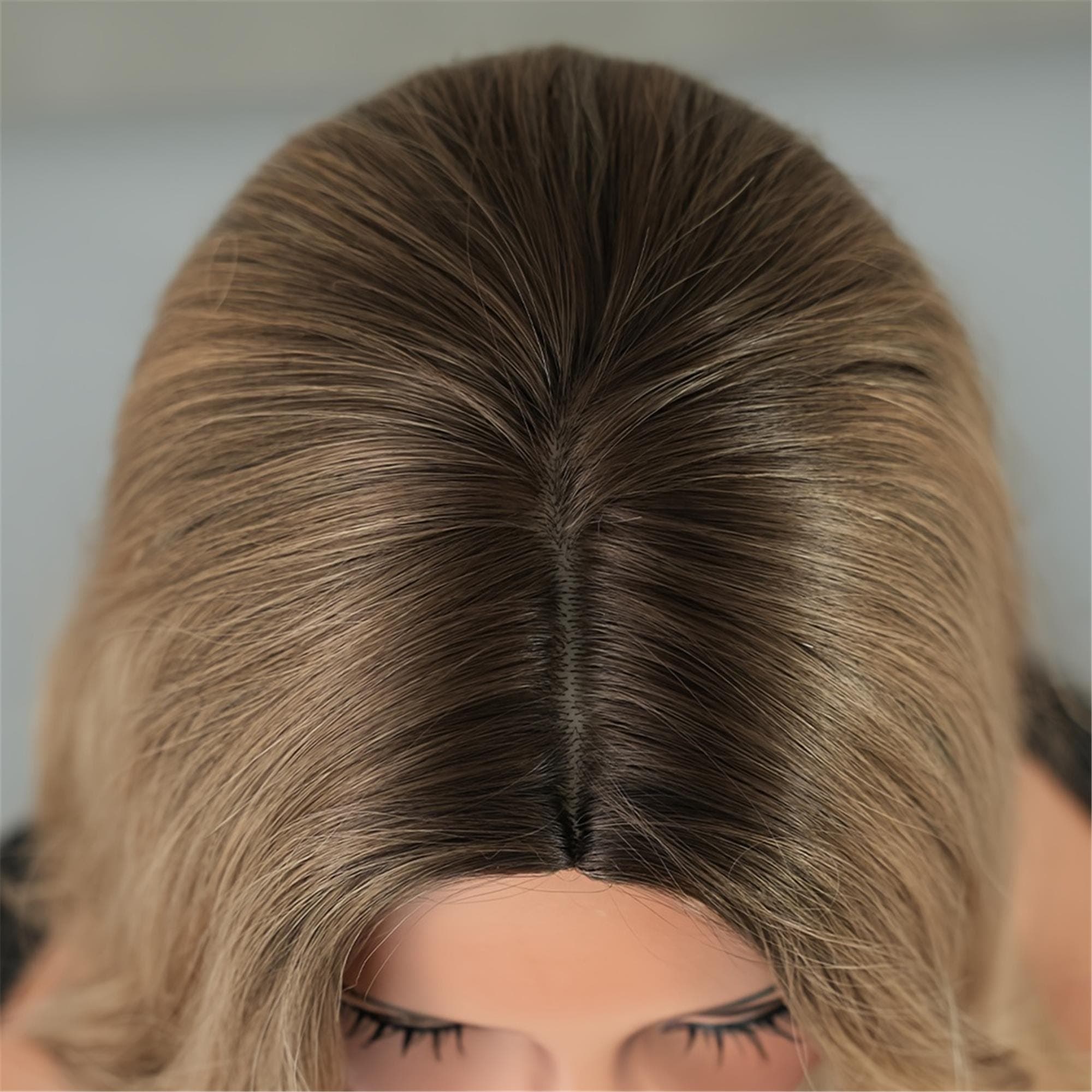 Long Loose Wave Ombre Golden Brown Wig with Dark Roots Middle Part High Density Highlight Beige Wig forDaily Use - Thumbnail 8