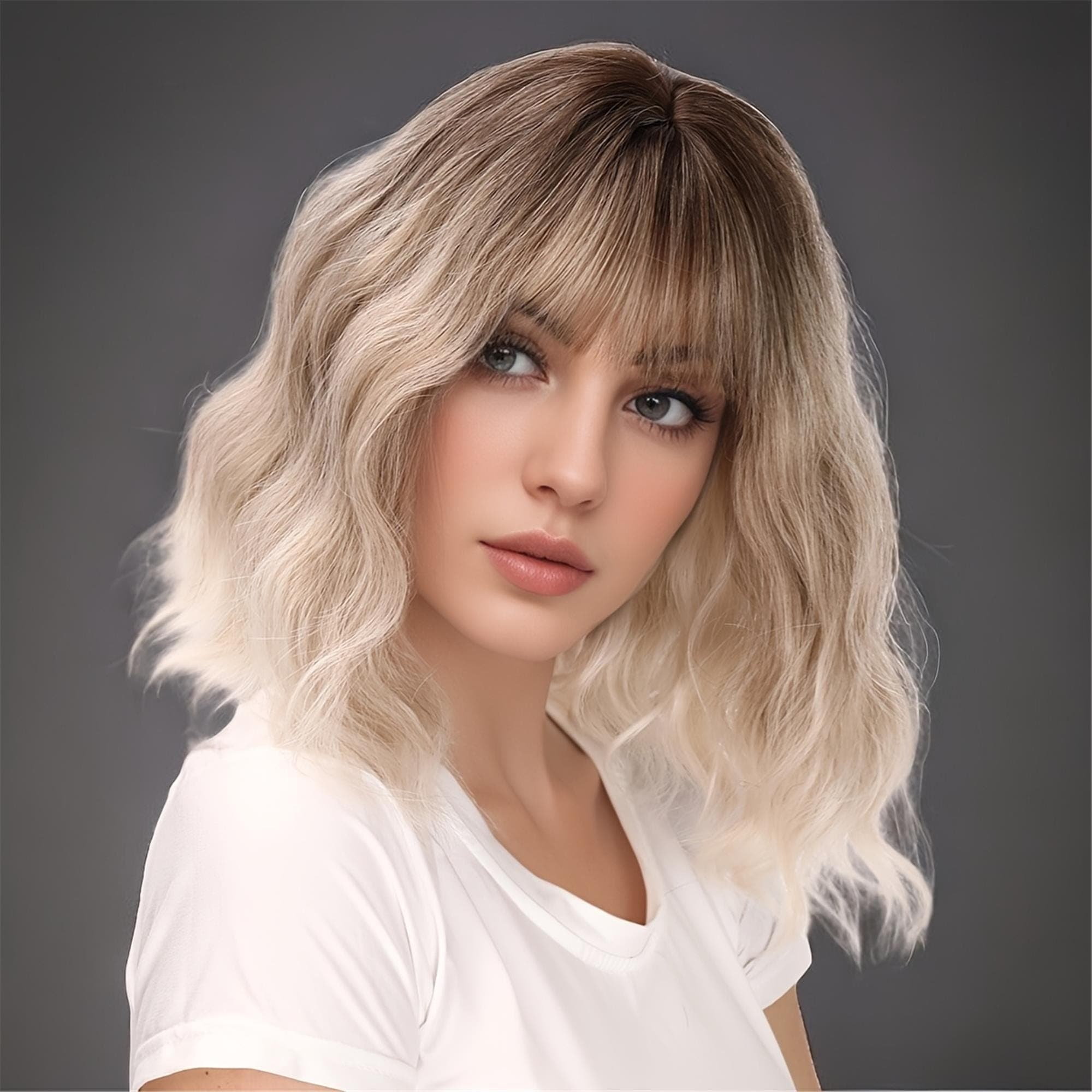 This 14-Inch Wig Features a Brown to Platinum Blonde Ombre Crafted from Heat-Resistant Fibers, Boasts High Density with Matte Wavy Curls!! - Thumbnail 4