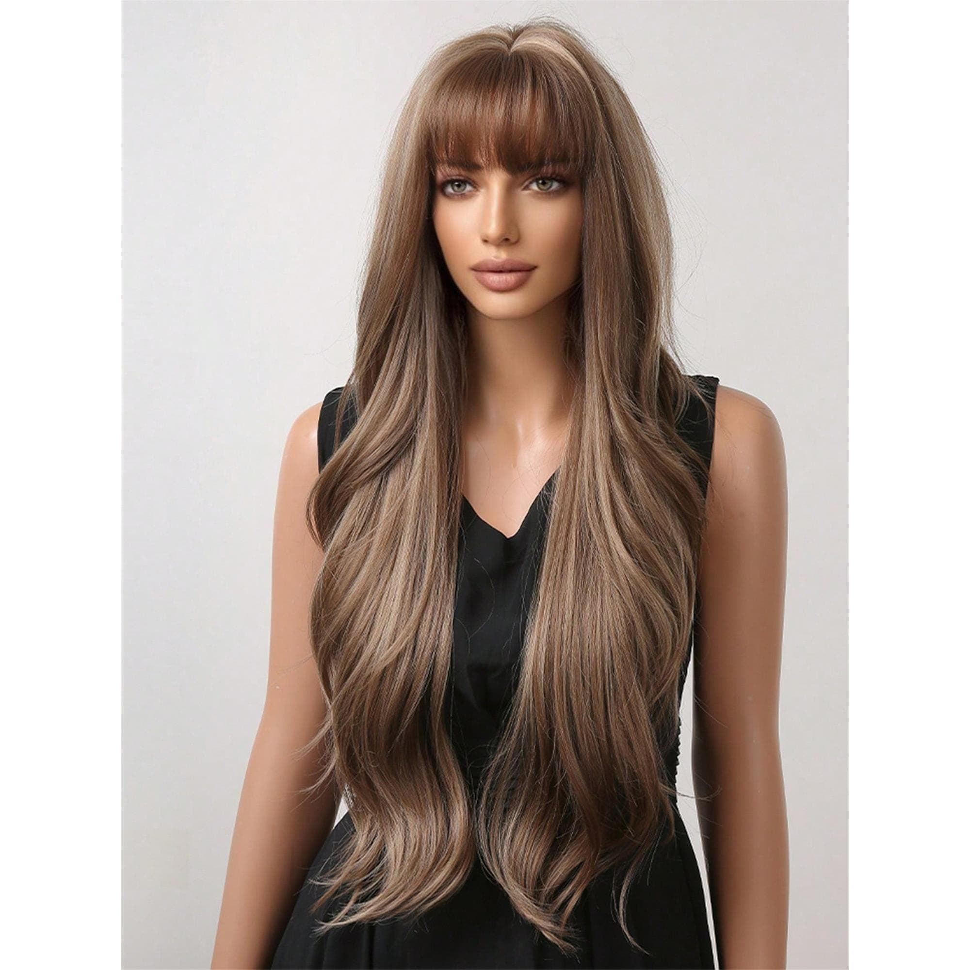 28 "Long Curly Hair Wig With Bangs Ombre Brown Wig For Women Synthetic Wig For Everyday Parties Festival Travel Music Festivals Holiday - Thumbnail 3