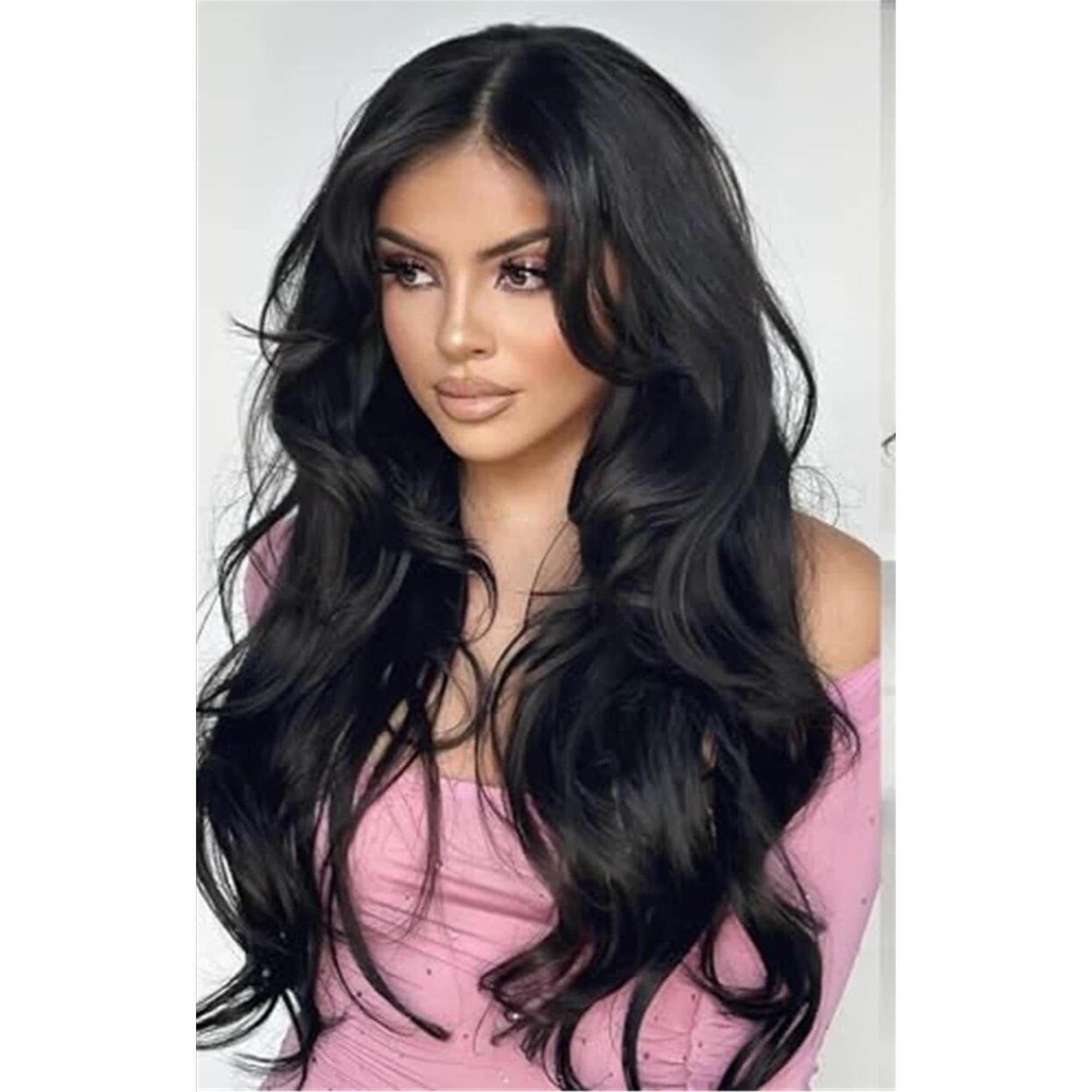 Black Wavy Long Layered Wig with Curtain Bangs