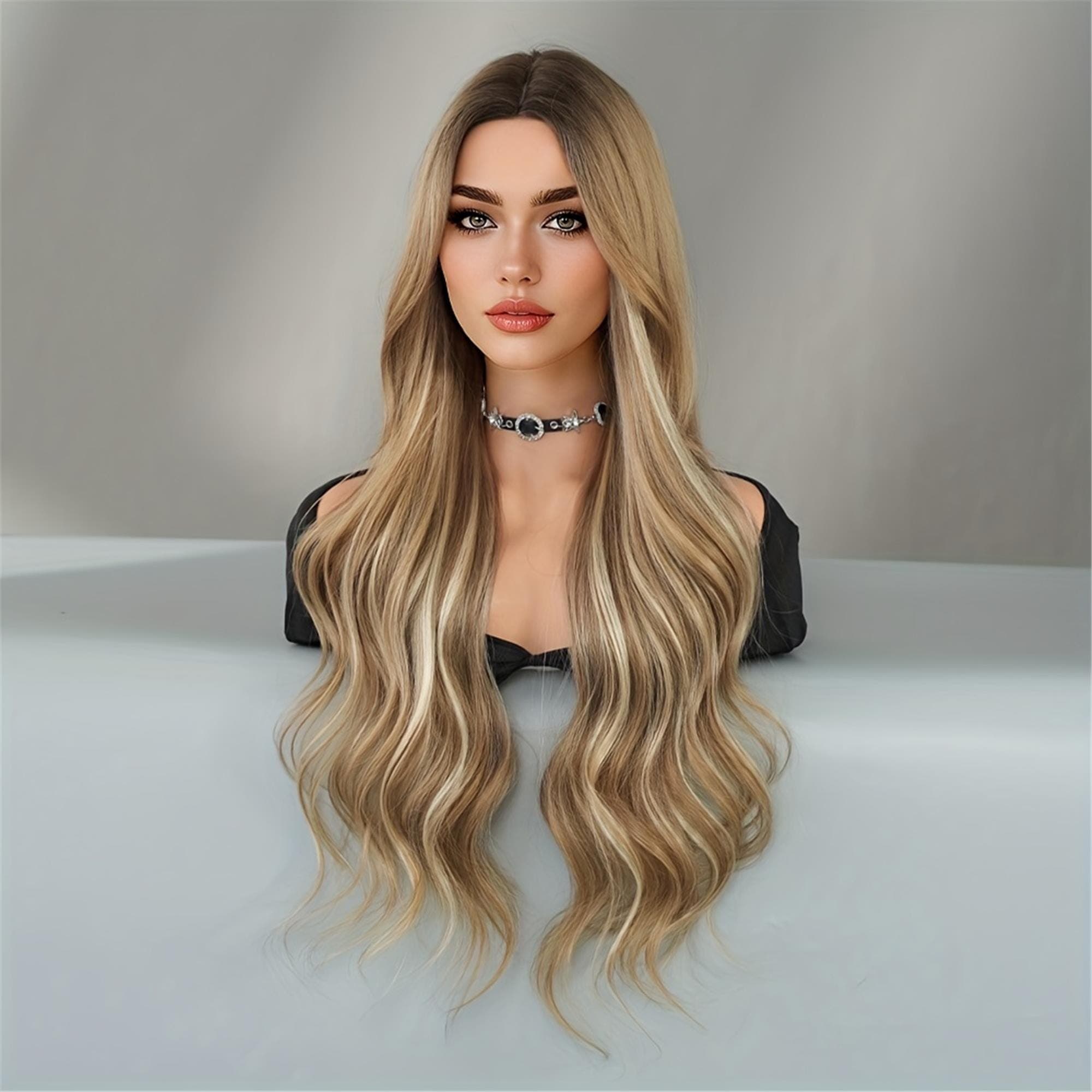 Long Loose Wave Ombre Golden Brown Wig with Dark Roots Middle Part High Density Highlight Beige Wig forDaily Use - Thumbnail 3