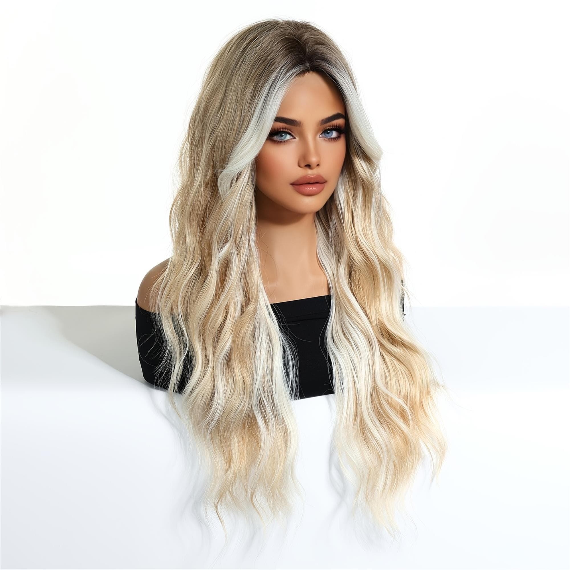 26-Inch Deep Brown Gradient Beige Golden Big Wave Wig Styled for a Versatile Look Suitable for Cosplay Blending Naturally for Various - Thumbnail 3