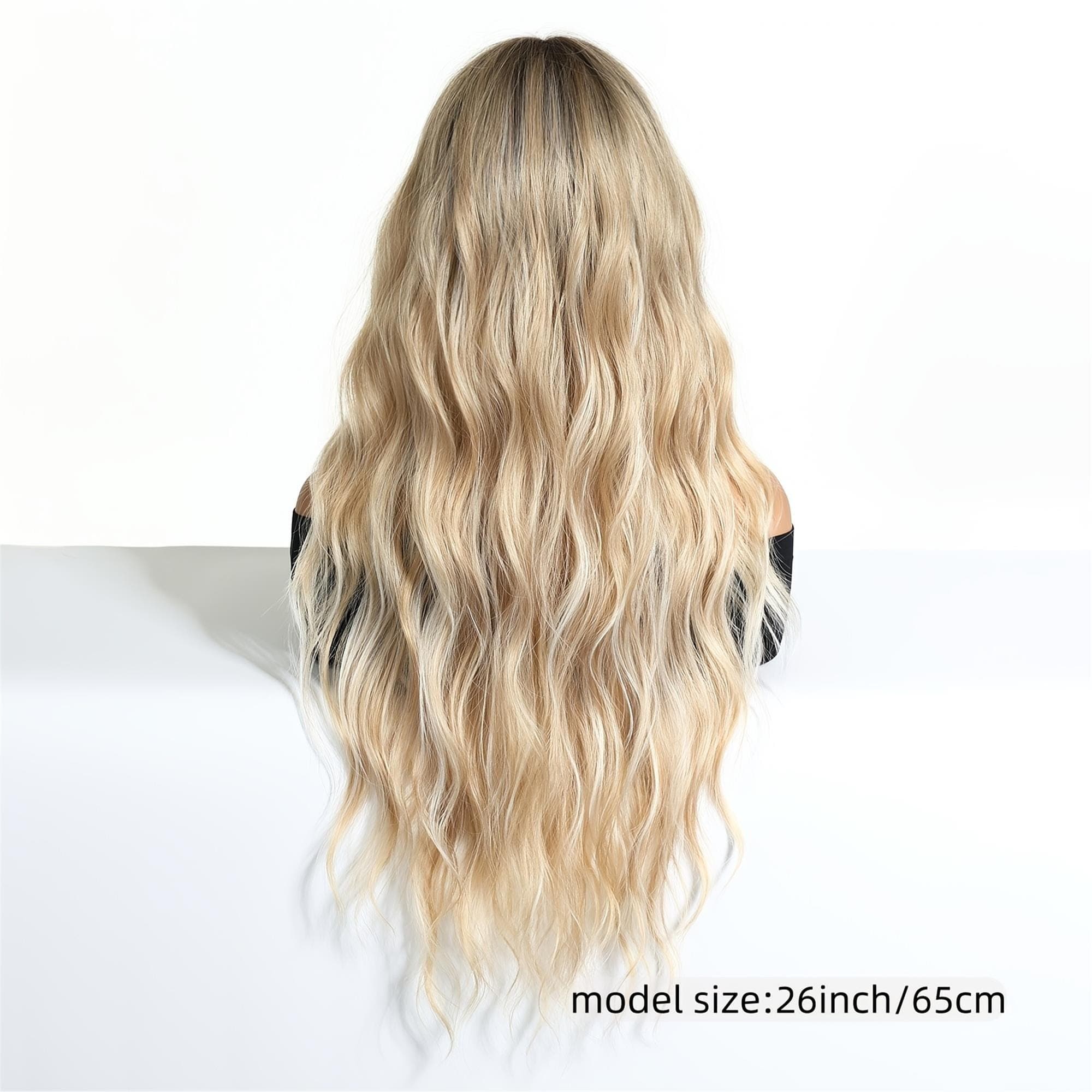 26-Inch Deep Brown Gradient Beige Golden Big Wave Wig Styled for a Versatile Look Suitable for Cosplay Blending Naturally for Various - Thumbnail 4
