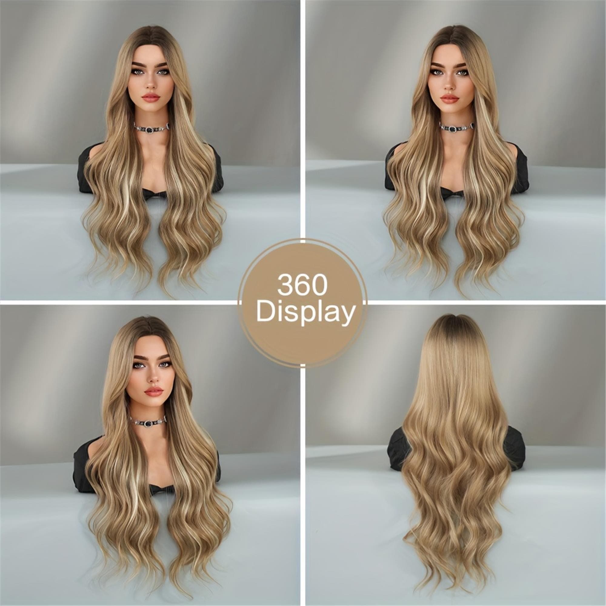 Long Loose Wave Ombre Golden Brown Wig with Dark Roots Middle Part High Density Highlight Beige Wig forDaily Use - Thumbnail 6