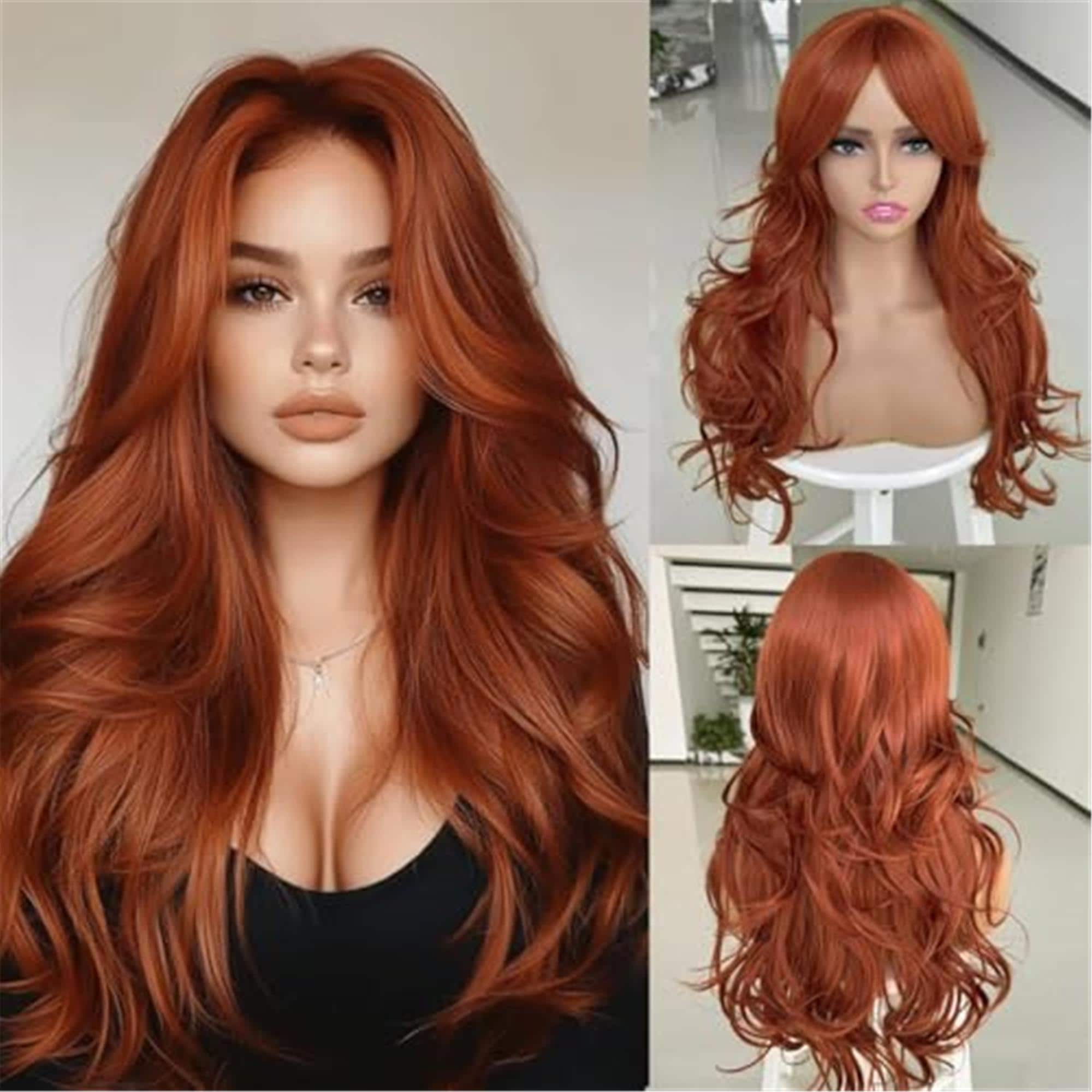 Auburn Wig with Bangs for Women Copper Red Wavy Layered Wig with Curtain Bangs