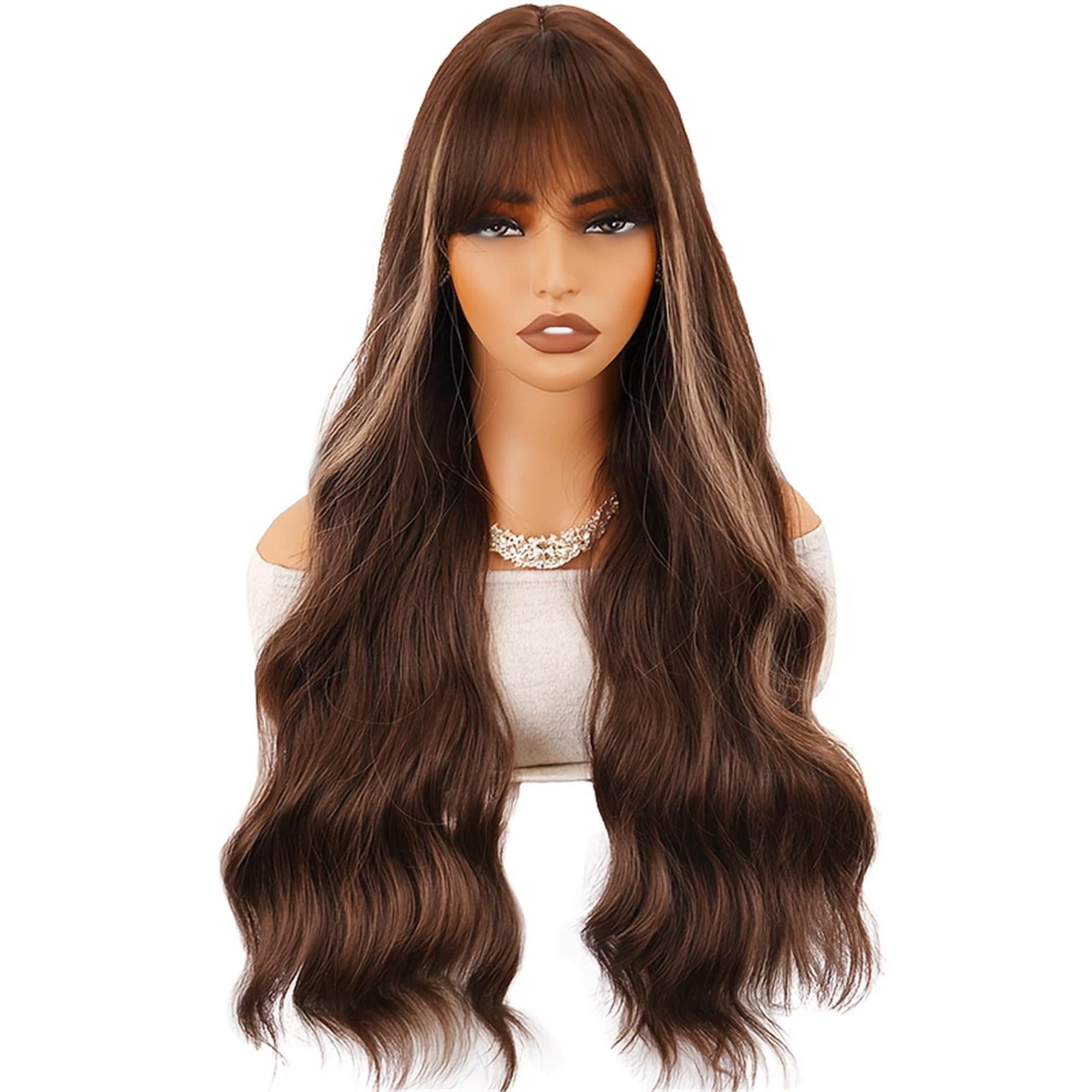 Elegant 28-Inch Brown Long Curly Wig with Bangs Soft Hair Rose Net Cap Density - Perfect for Daily Wear And Cosplay - Thumbnail 2
