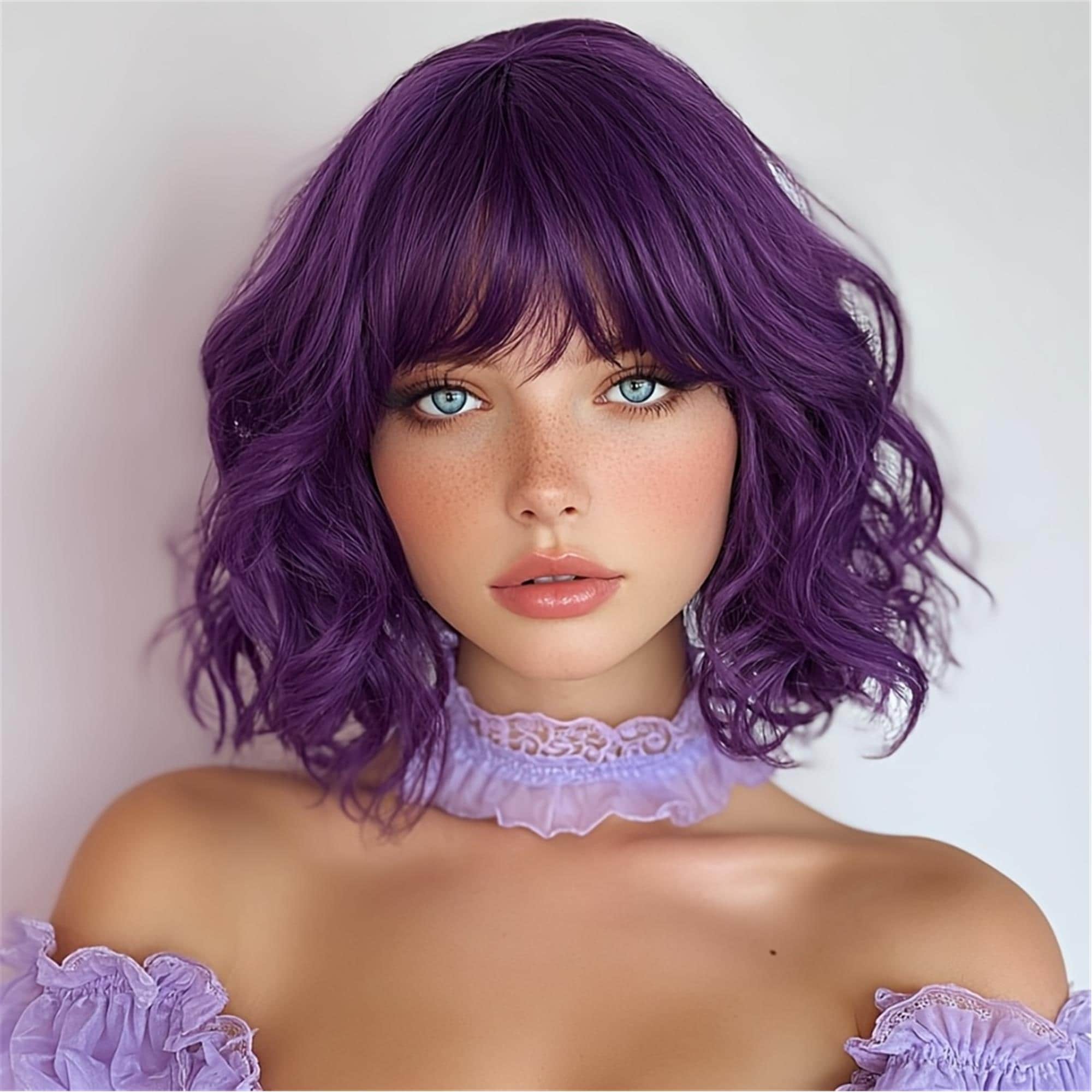 Stylish Purple Wavy Bob Wig with Bangs - Bright Premium Hair for a Daring Stunning Wig!! - Thumbnail 4