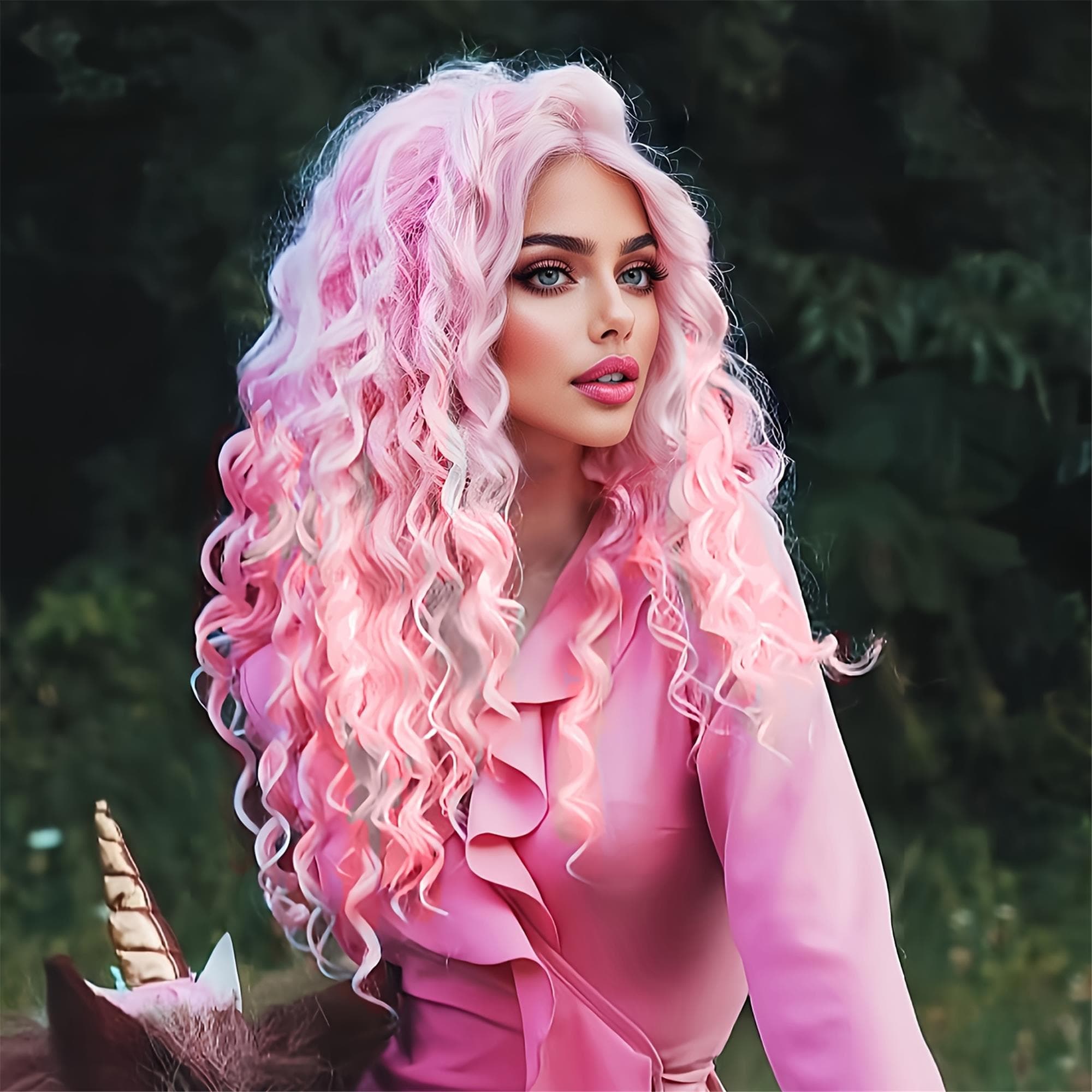 Ombre Pink Long Curly Wave Wig | Women'S Fashionable Elegant Style High Temperature Fiber Rose Net Cap For Daily Wear Party
