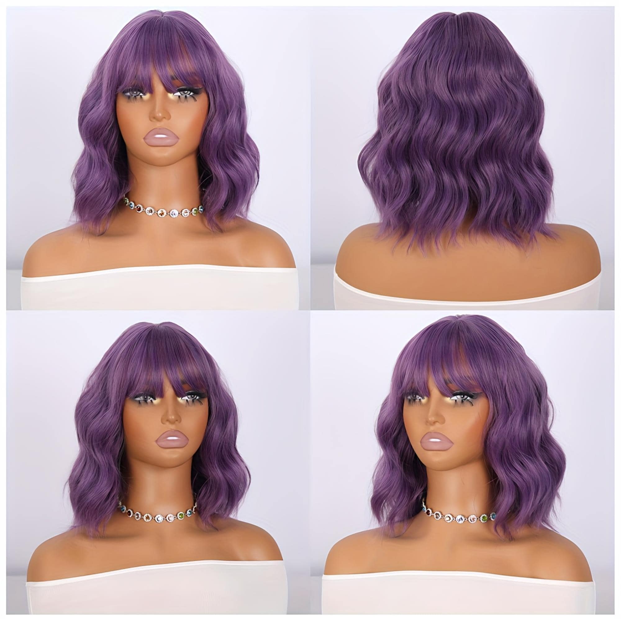 Stylish Purple Wavy Bob Wig with Bangs - Bright Premium Hair for a Daring Stunning Wig!! - Thumbnail 6