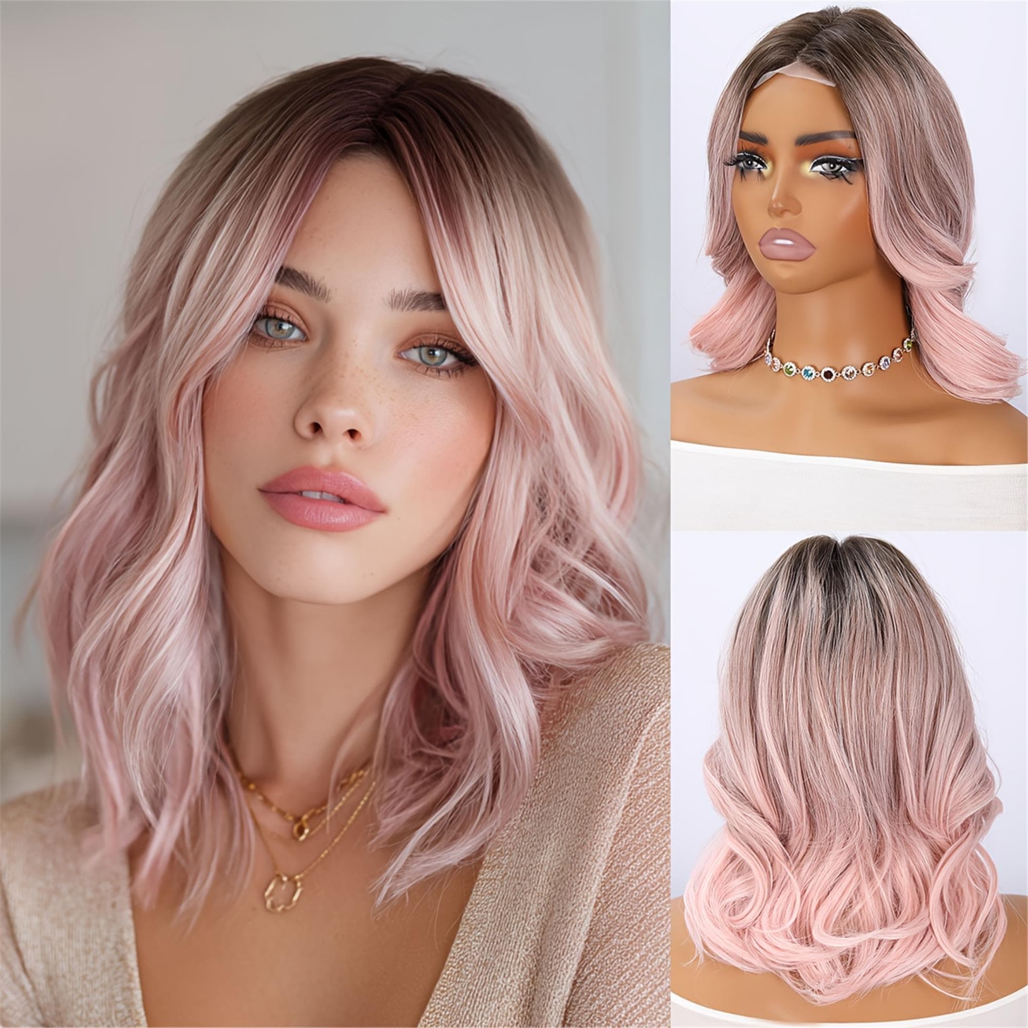 4*1 Lace Front Wig - Elegant Pink Lace Women's Wig - Loose Wavy Hair Glue-free Heat-resistant Synthetic Lace Front Wig Suitable for Daily - Thumbnail 2