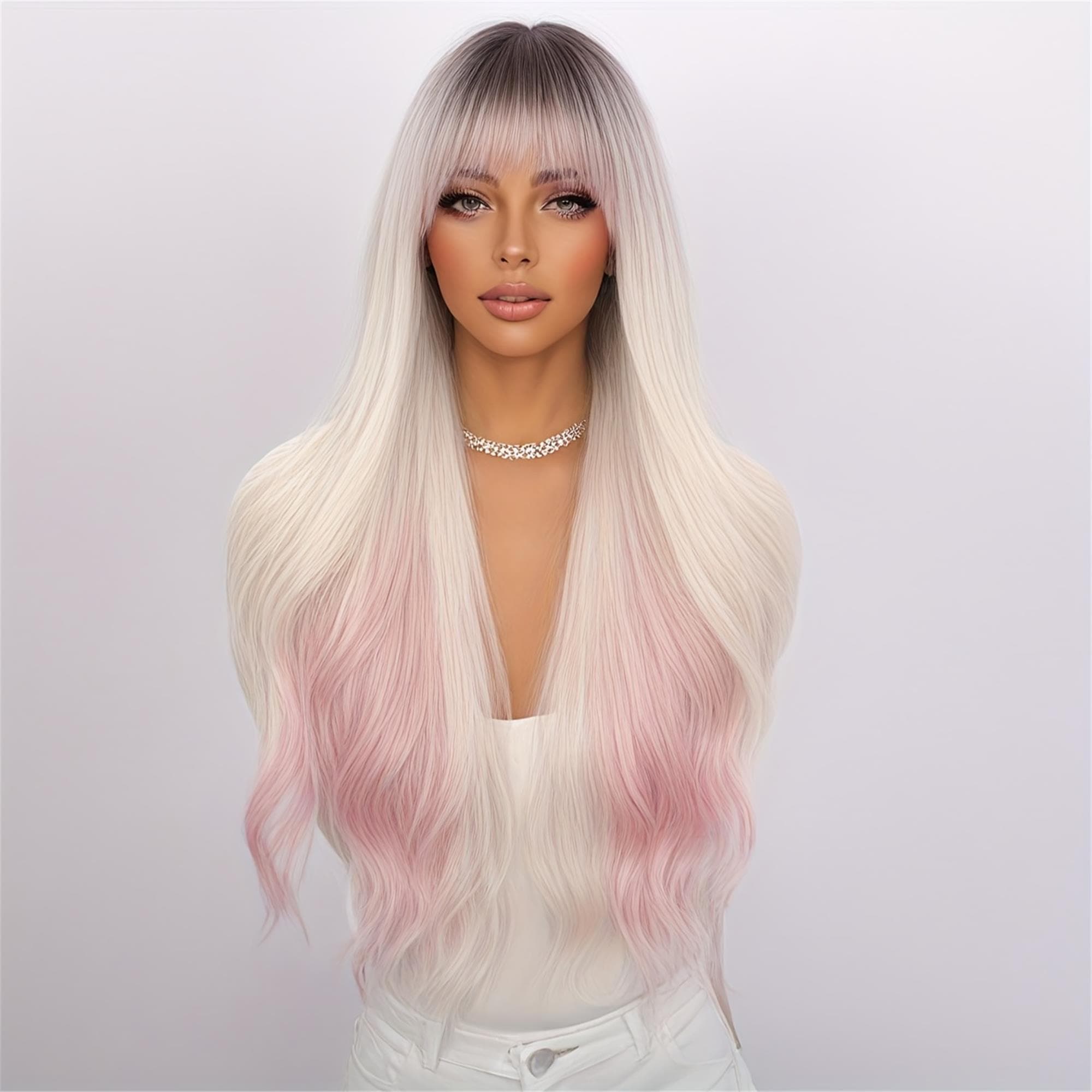 26-inch Super Synthetic Fiber Wig With White As The Main Color And A Gradient Of Pink Rose Mesh/heat-resistant/suitable For Casual And - Thumbnail 4