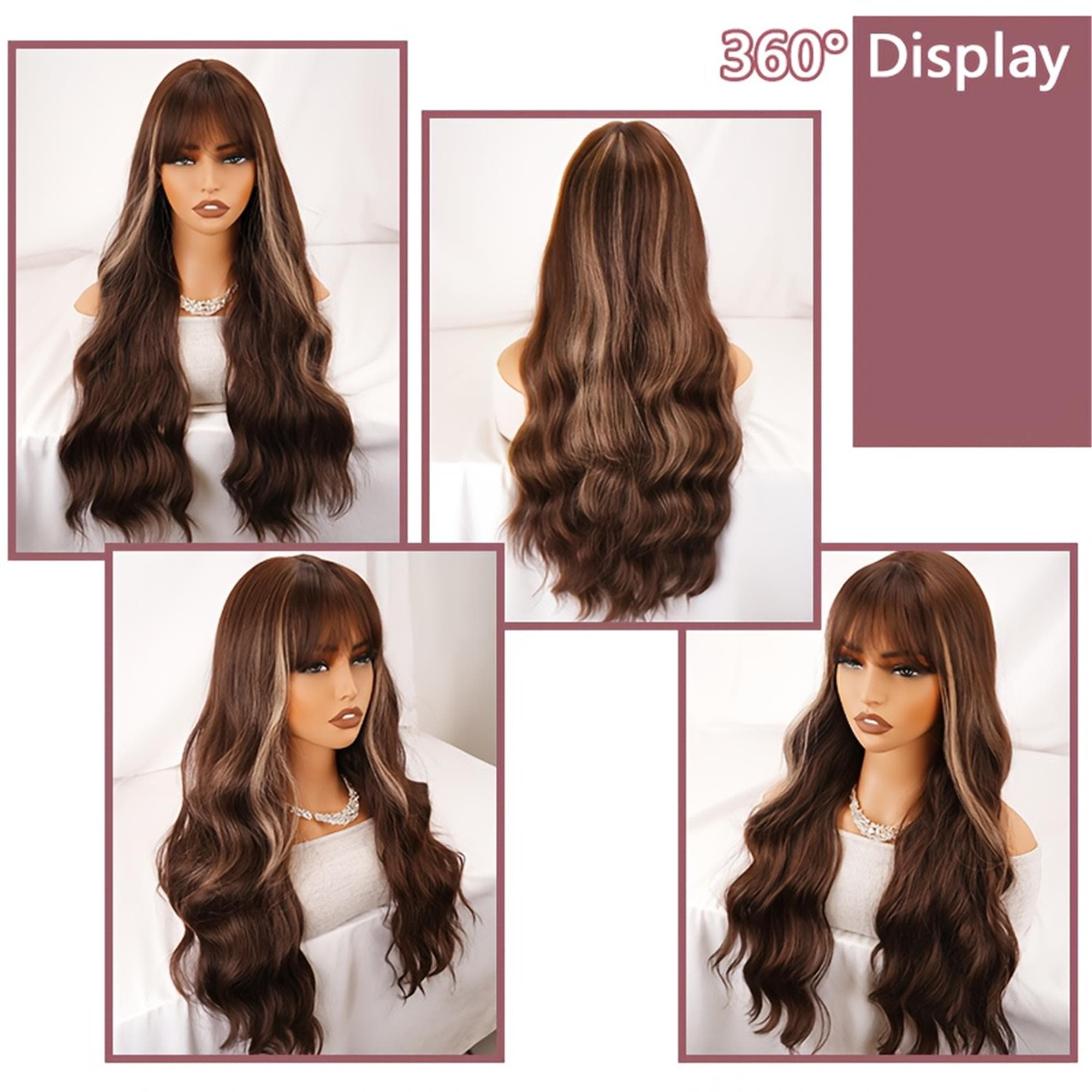 Elegant 28-Inch Brown Long Curly Wig with Bangs Soft Hair Rose Net Cap Density - Perfect for Daily Wear And Cosplay - Thumbnail 5