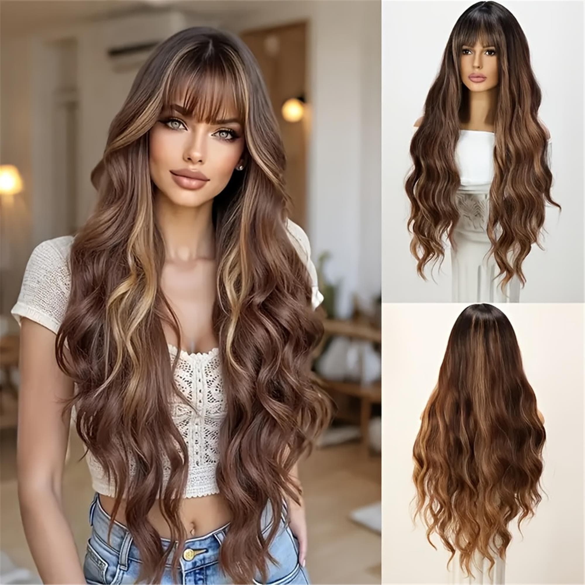 Elegant 28-Inch Brown Long Curly Wig with Bangs Soft Hair Rose Net Cap Density - Perfect for Daily Wear And Cosplay