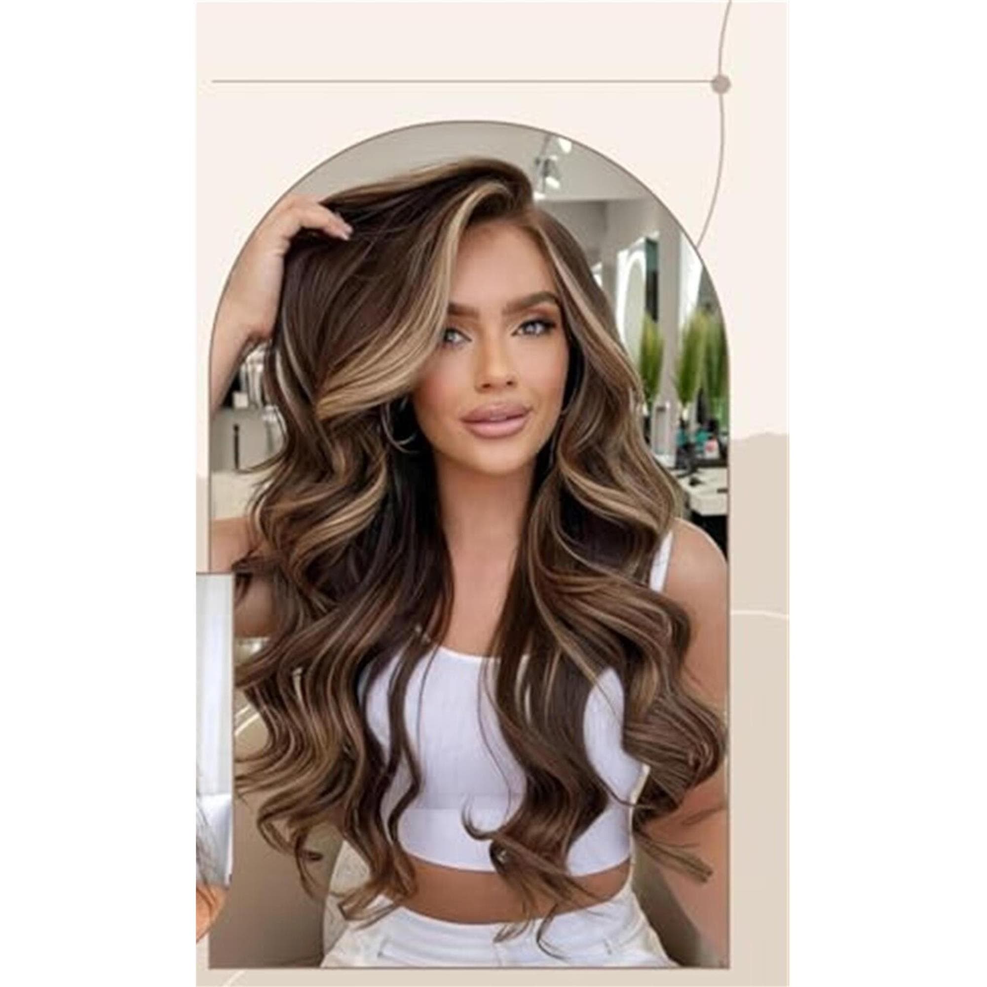 Highlighted Dark Brown Mix Honey Blonde Long Layered Wavy Wig with curtain bangs - Thumbnail 9