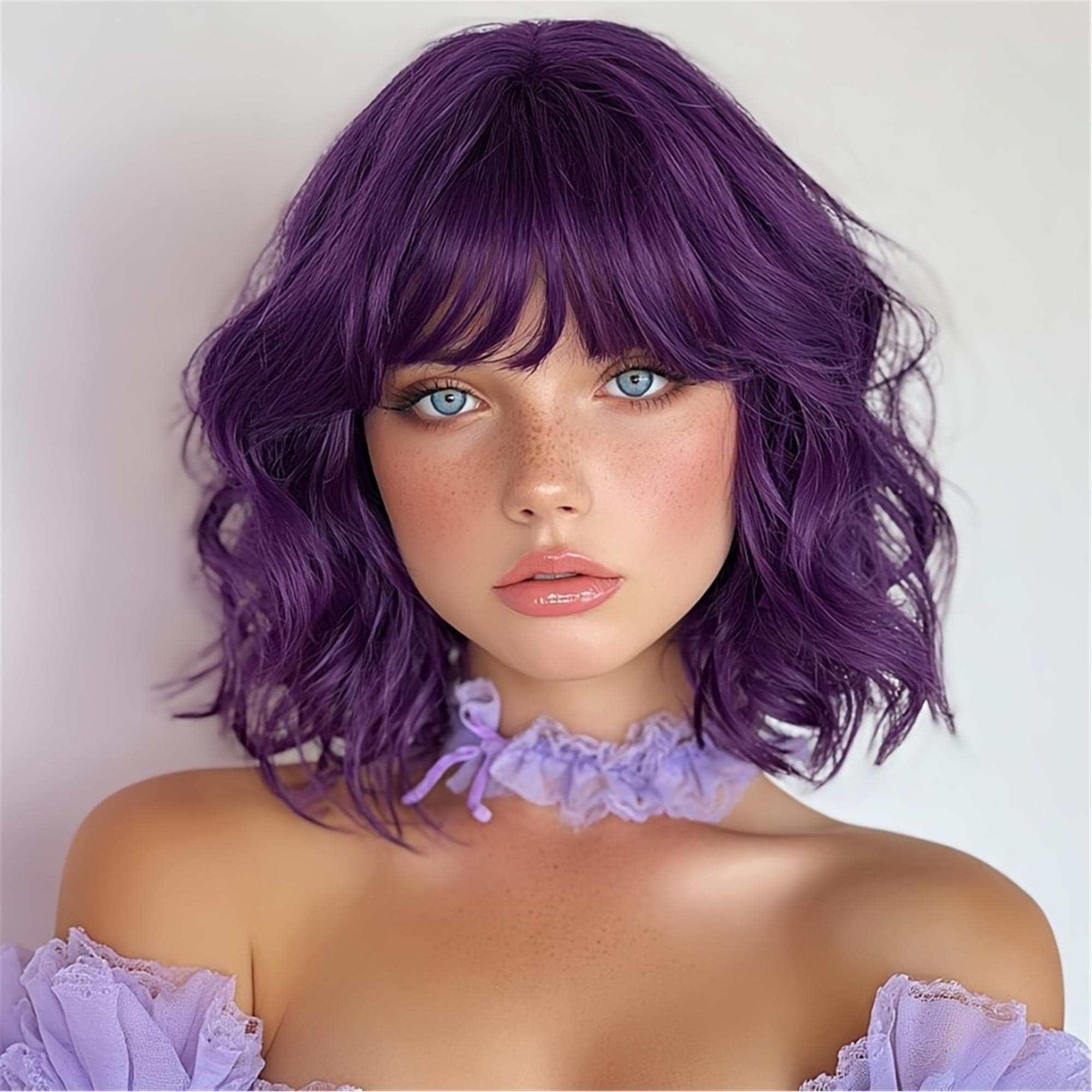 Stylish Purple Wavy Bob Wig with Bangs - Bright Premium Hair for a Daring Stunning Wig!! - Thumbnail 2