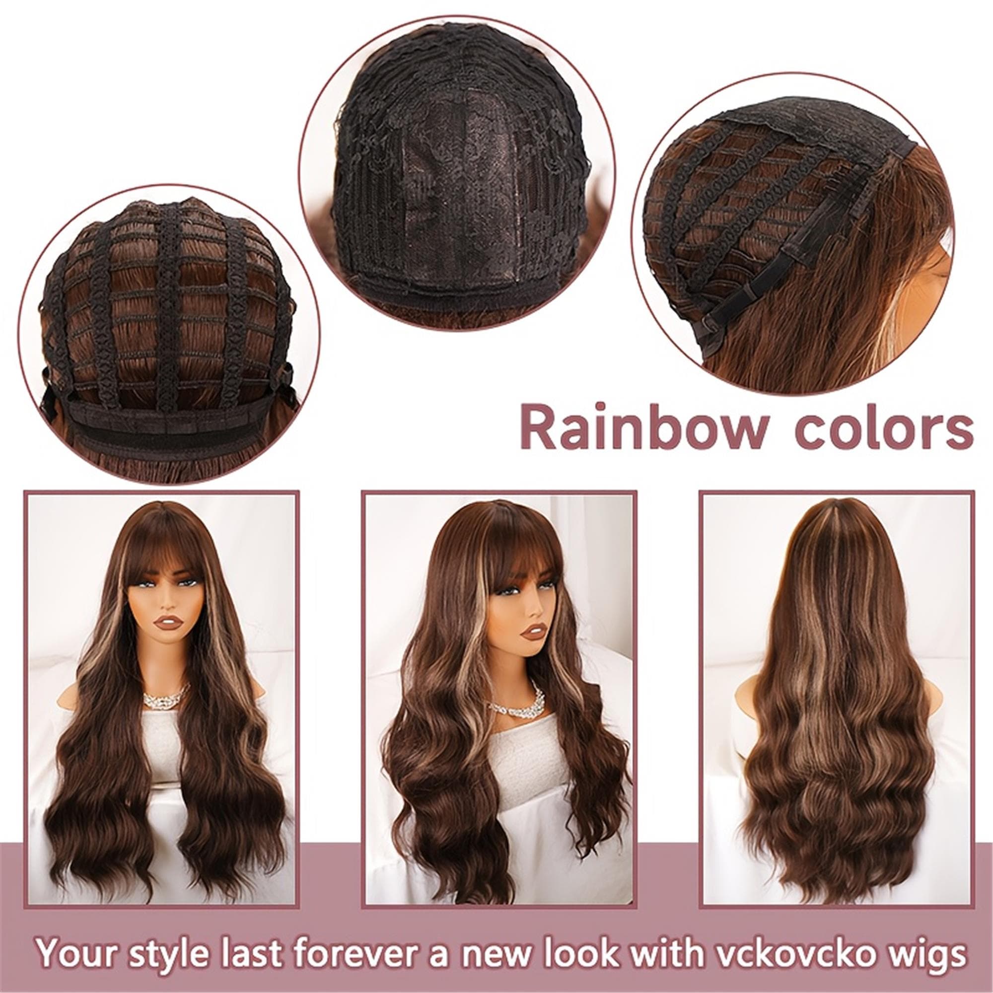 Elegant 28-Inch Brown Long Curly Wig with Bangs Soft Hair Rose Net Cap Density - Perfect for Daily Wear And Cosplay - Thumbnail 6