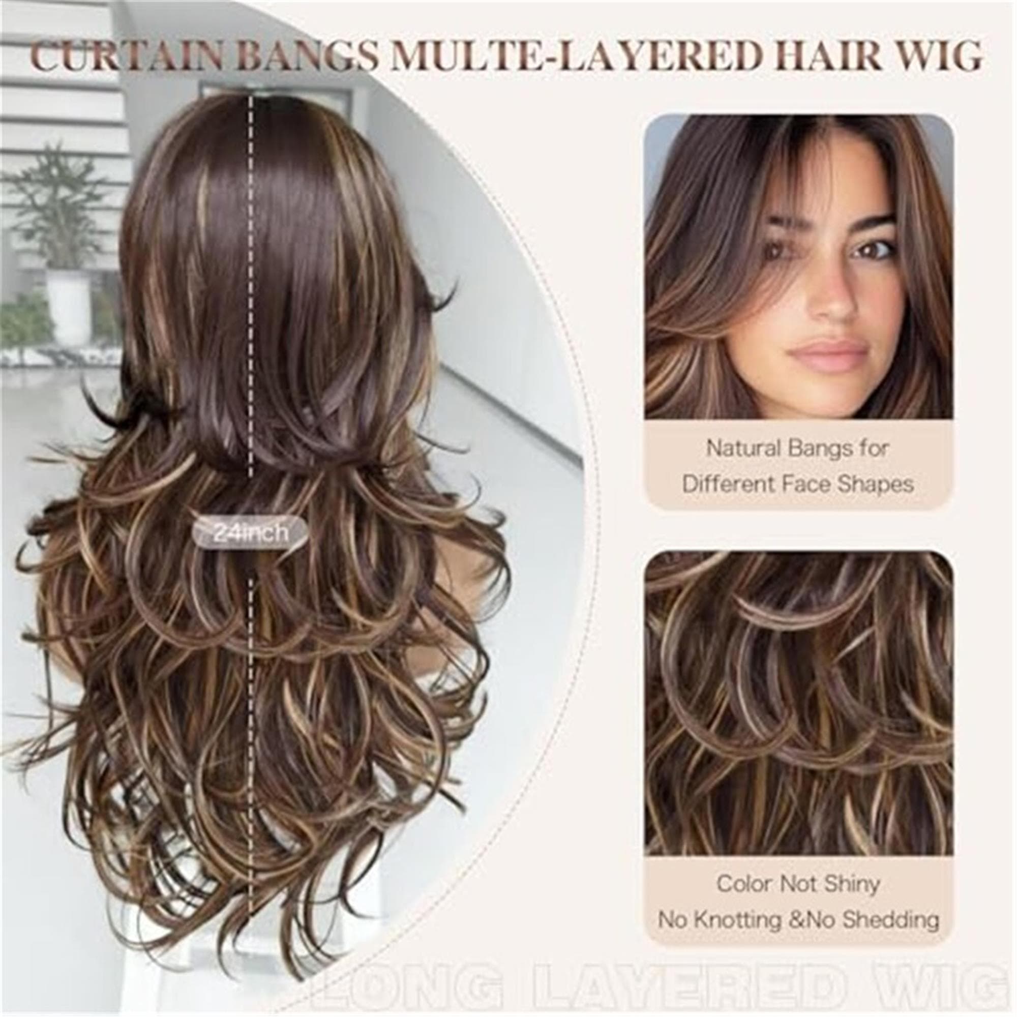 Highlighted Dark Brown Mix Honey Blonde Long Layered Wavy Wig with curtain bangs - Thumbnail 6