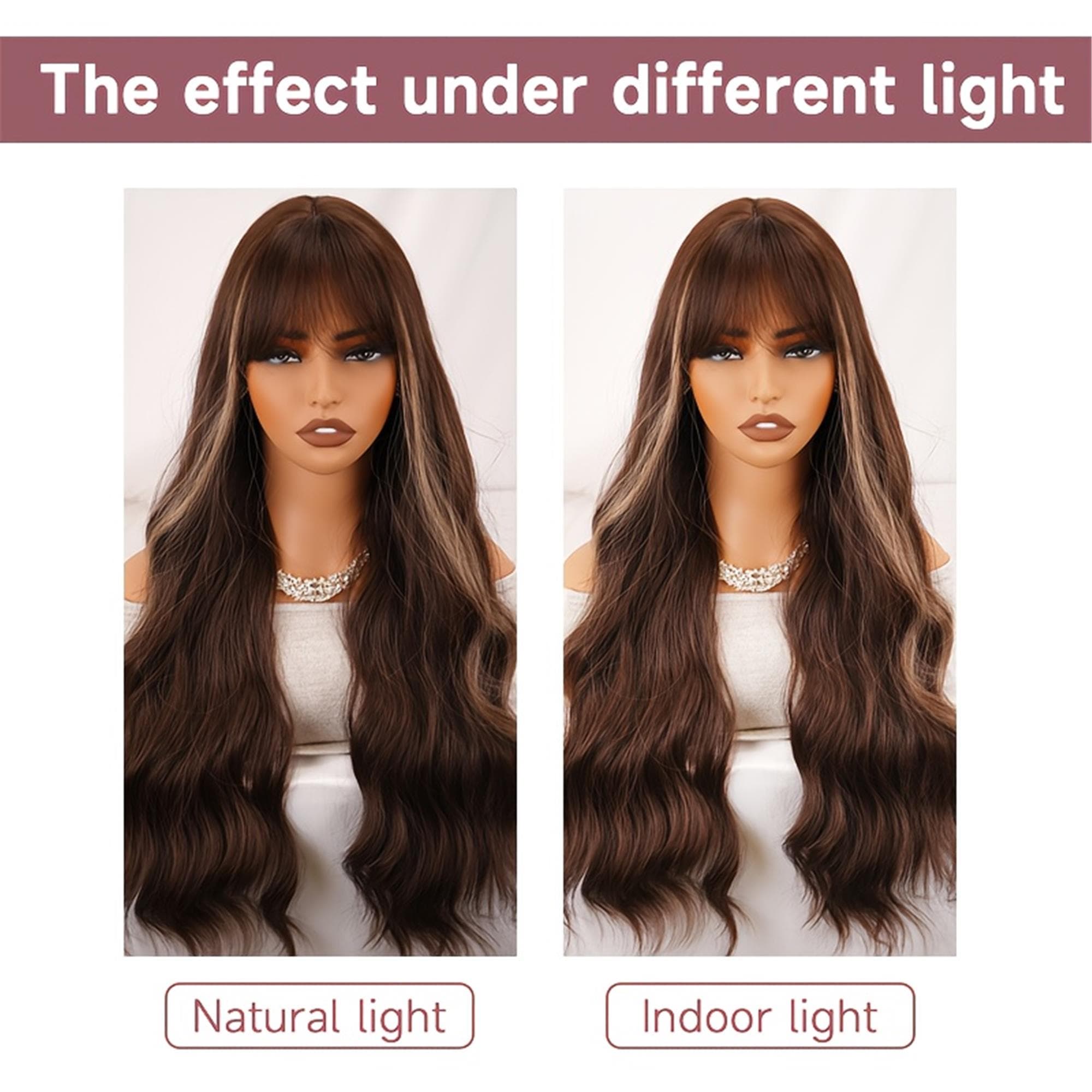 Elegant 28-Inch Brown Long Curly Wig with Bangs Soft Hair Rose Net Cap Density - Perfect for Daily Wear And Cosplay - Thumbnail 4